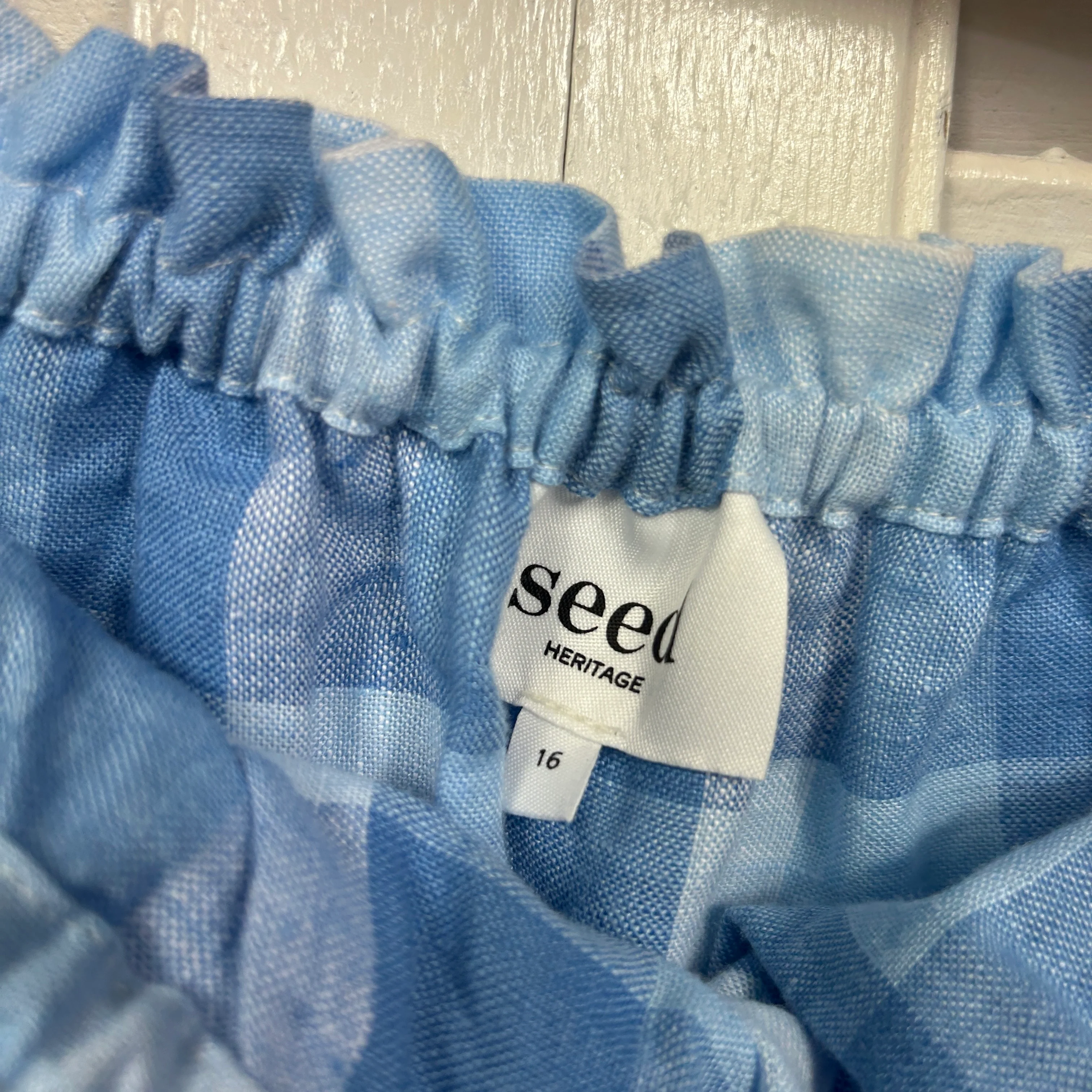 Seed Heritage Linen Crop Top Size 16 Gingham Check Blue - Image 3