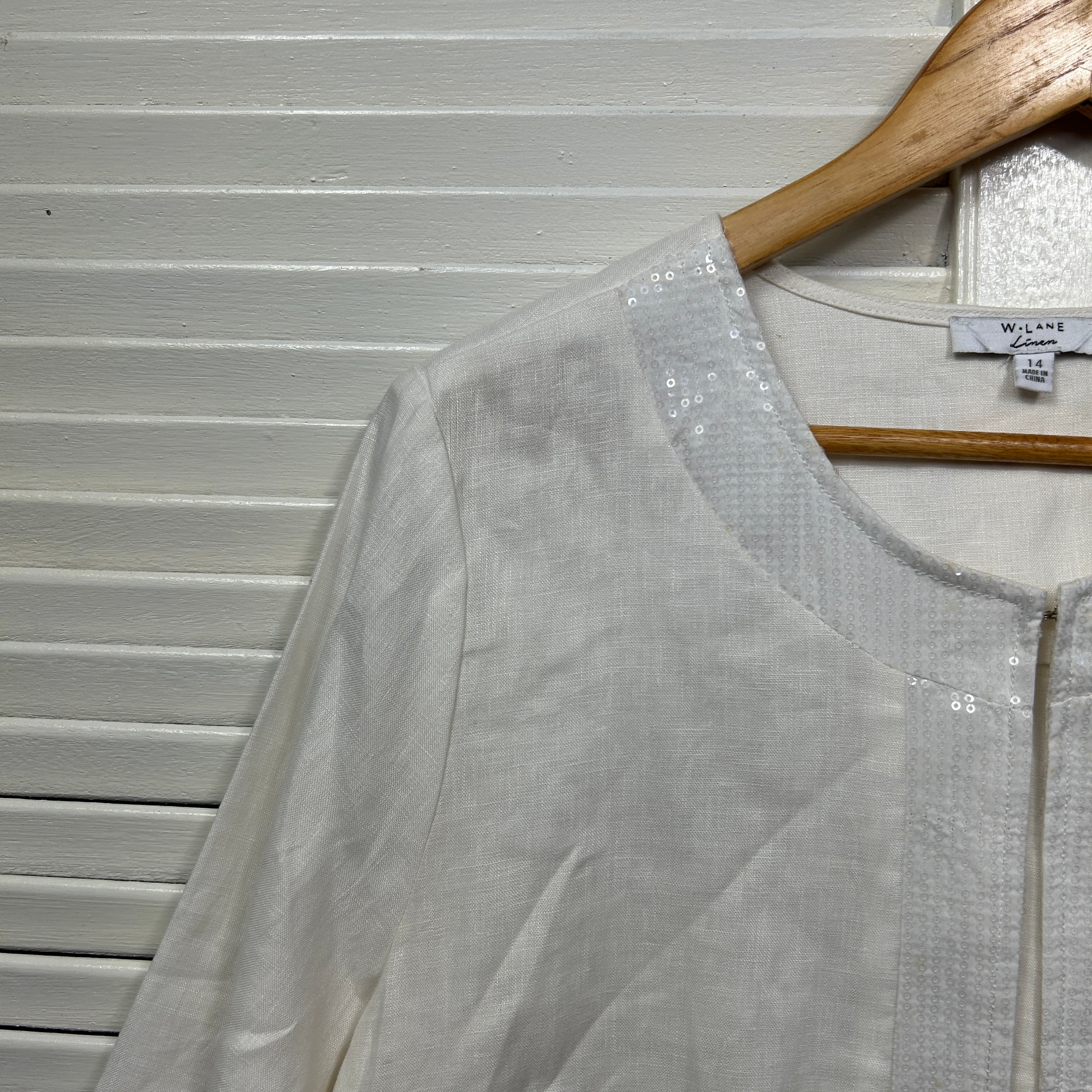 W Lane Linen Top Size 14 White Sequins Long Sleeve - Image 2