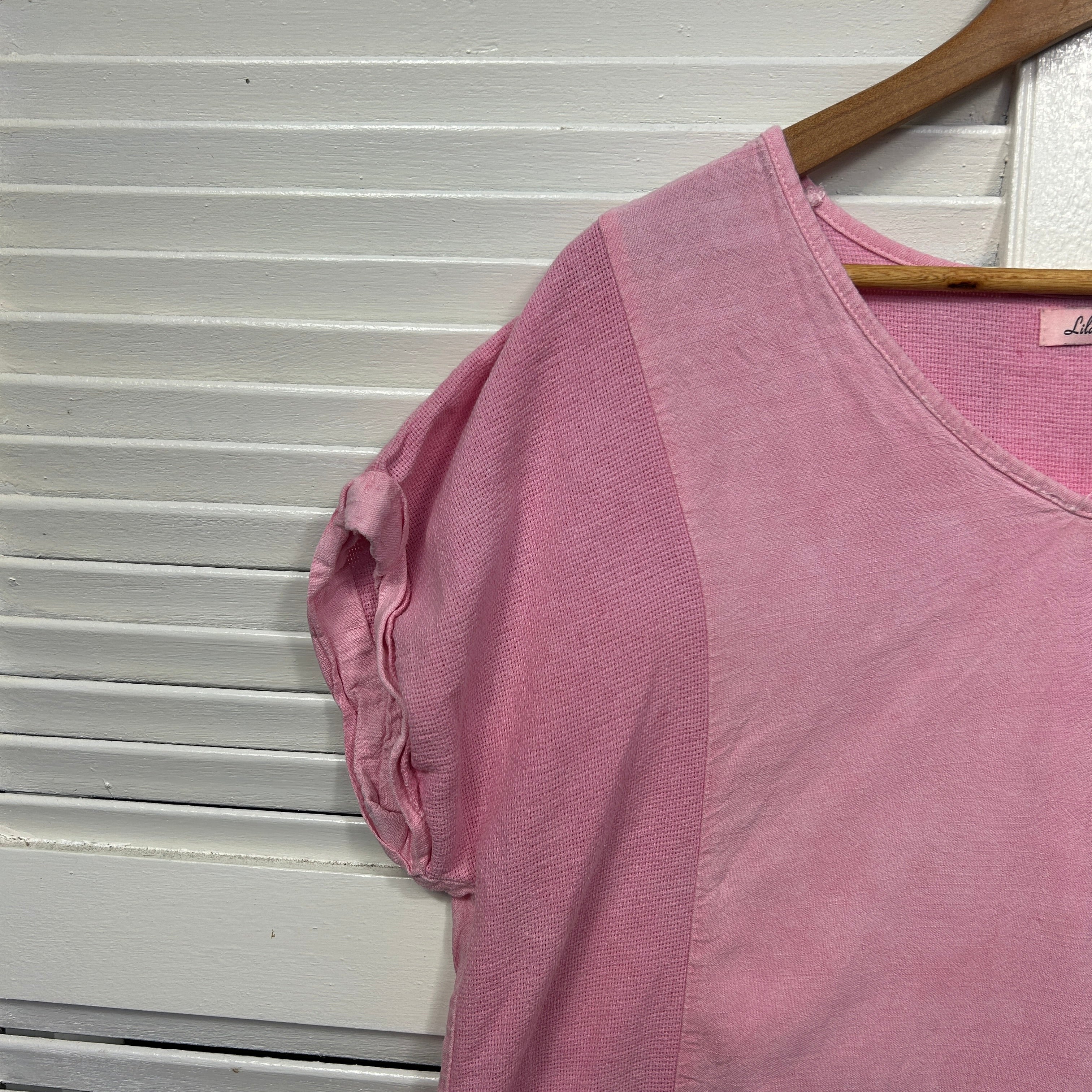Lilac Designs Linen Blend Top Size 14 Large Pink Short Sleeve - Image 3