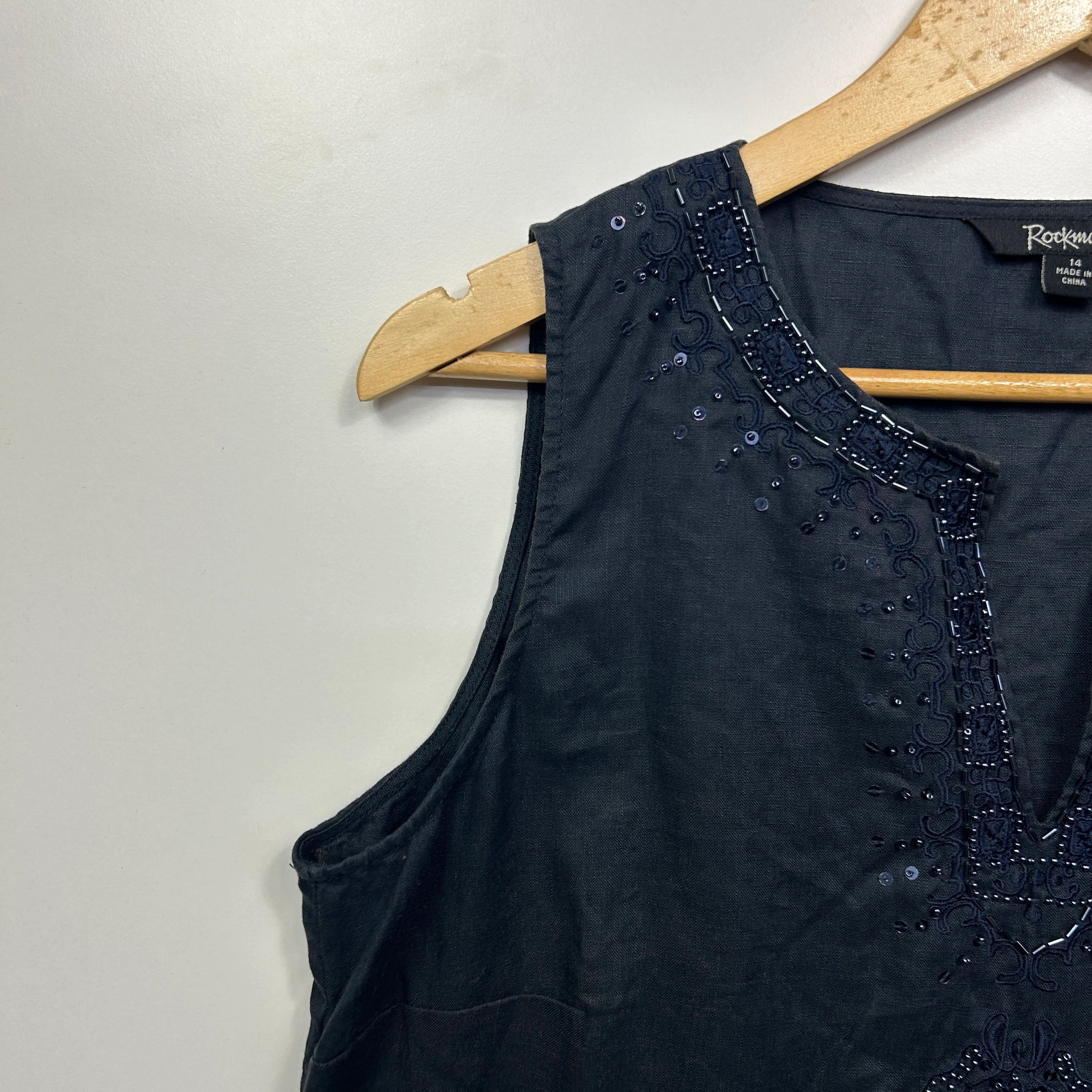 Rockmans Linen Top Size 14 Black Sleeveless Beaded - Image 2
