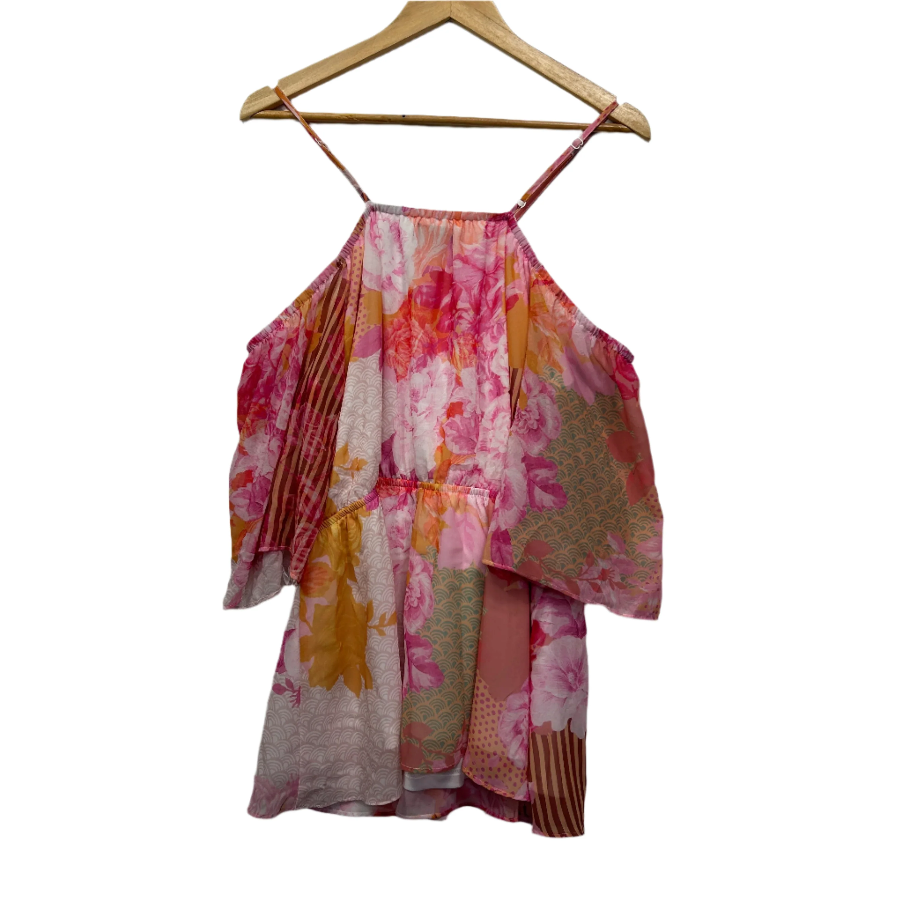 City Chic Top Size 14 XS Plus Floral Cold Shoulder Sleeve Pleated Pink Cut Out - Image 2