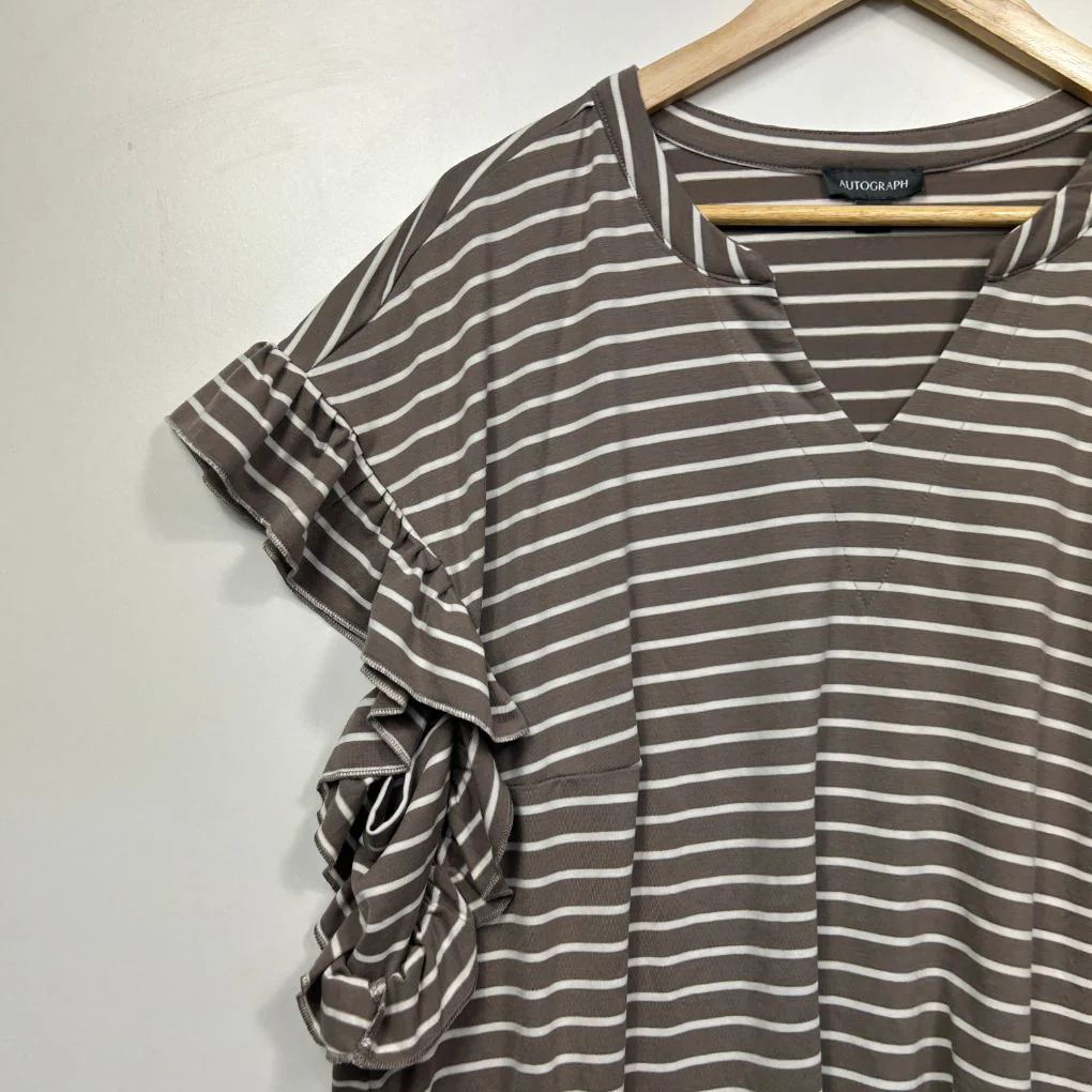 Autograph Brown White Stripe Cotton Flutter Sleeve Top - Size 18/M - Image 4