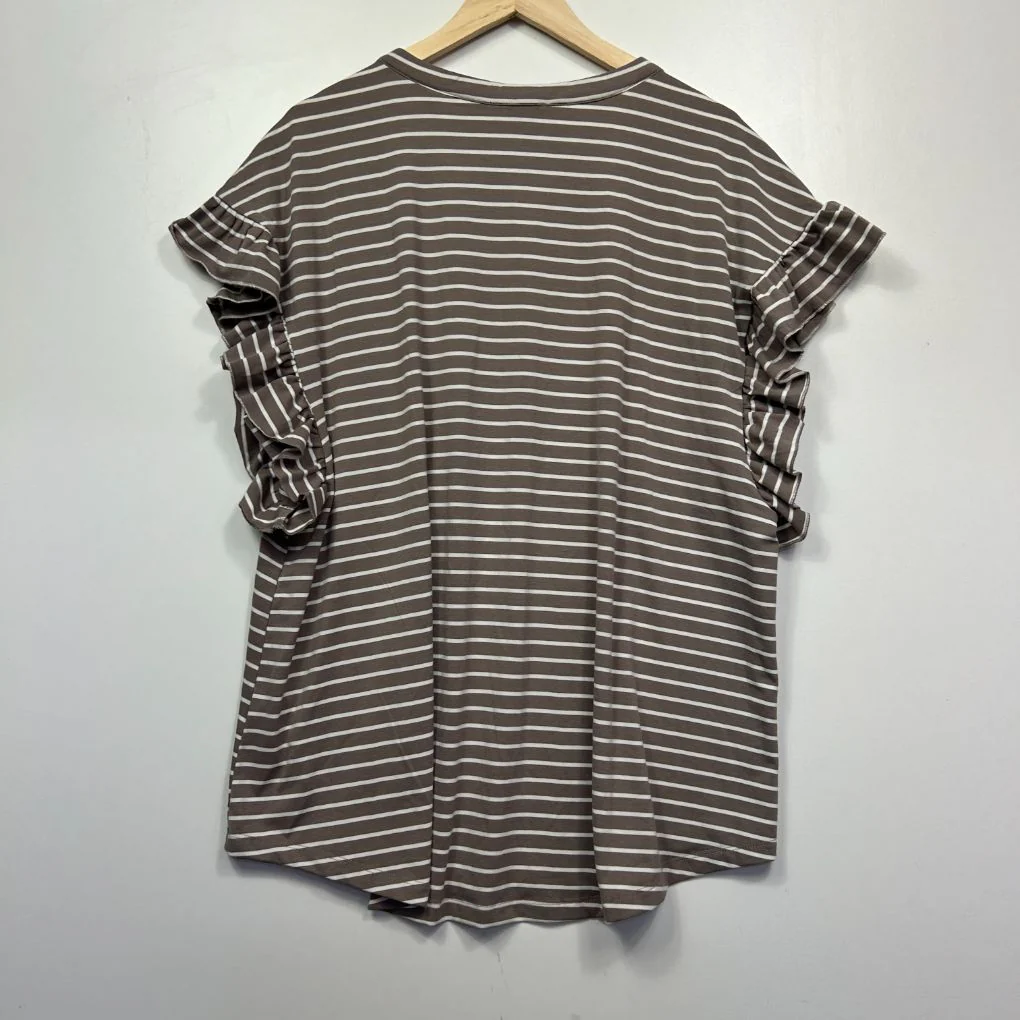 Autograph Brown White Stripe Cotton Flutter Sleeve Top - Size 18/M - Image 5