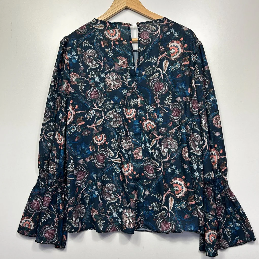 Basque Teal Floral Bell Sleeve Blouse - Size 16 - Image 2