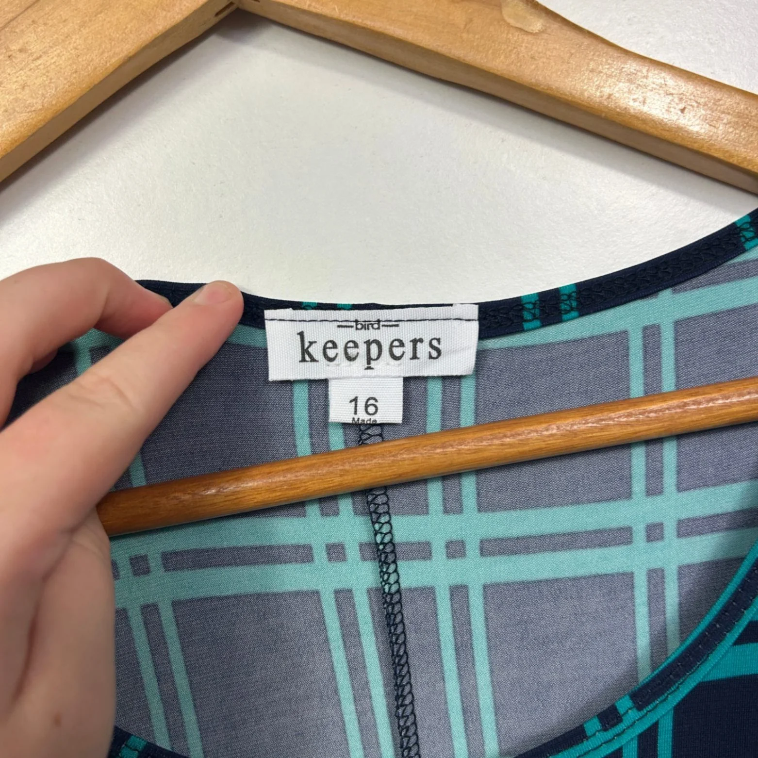 Bird Keepers Teal Blue Green Knee Sleeveless Check Shift Dress Size 16 - Image 3