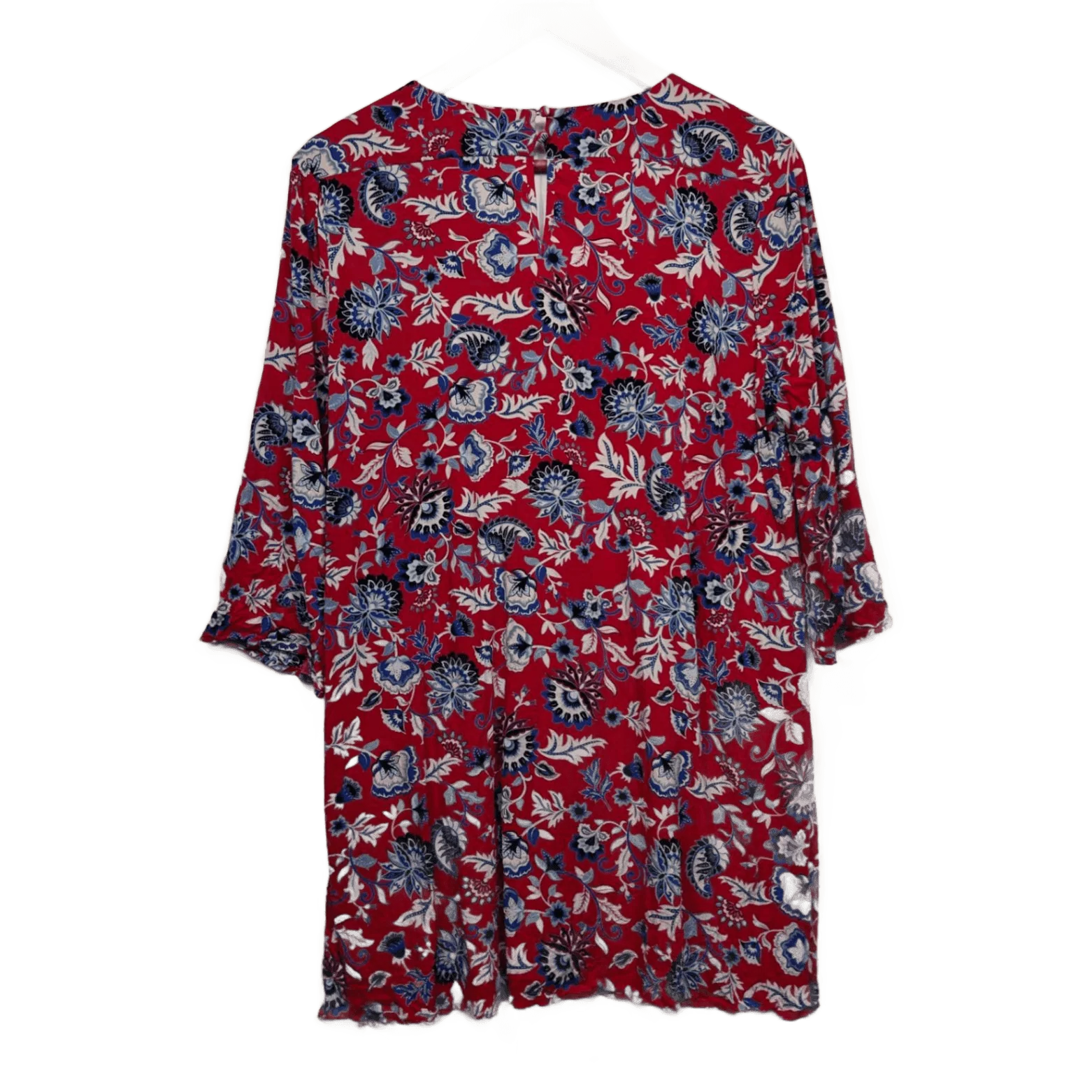 Blue Illusion Top Size 12 / 14 Red Floral Long Sleeve Rayon - Image 2