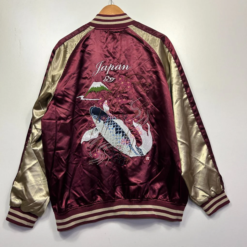 Vintage 90s Sukajan Japanese Streetwear Koi Fish Embroidery Satin Bomber Jacket 4L- Unisex Womens 20/ Mens 3XL - Image 2