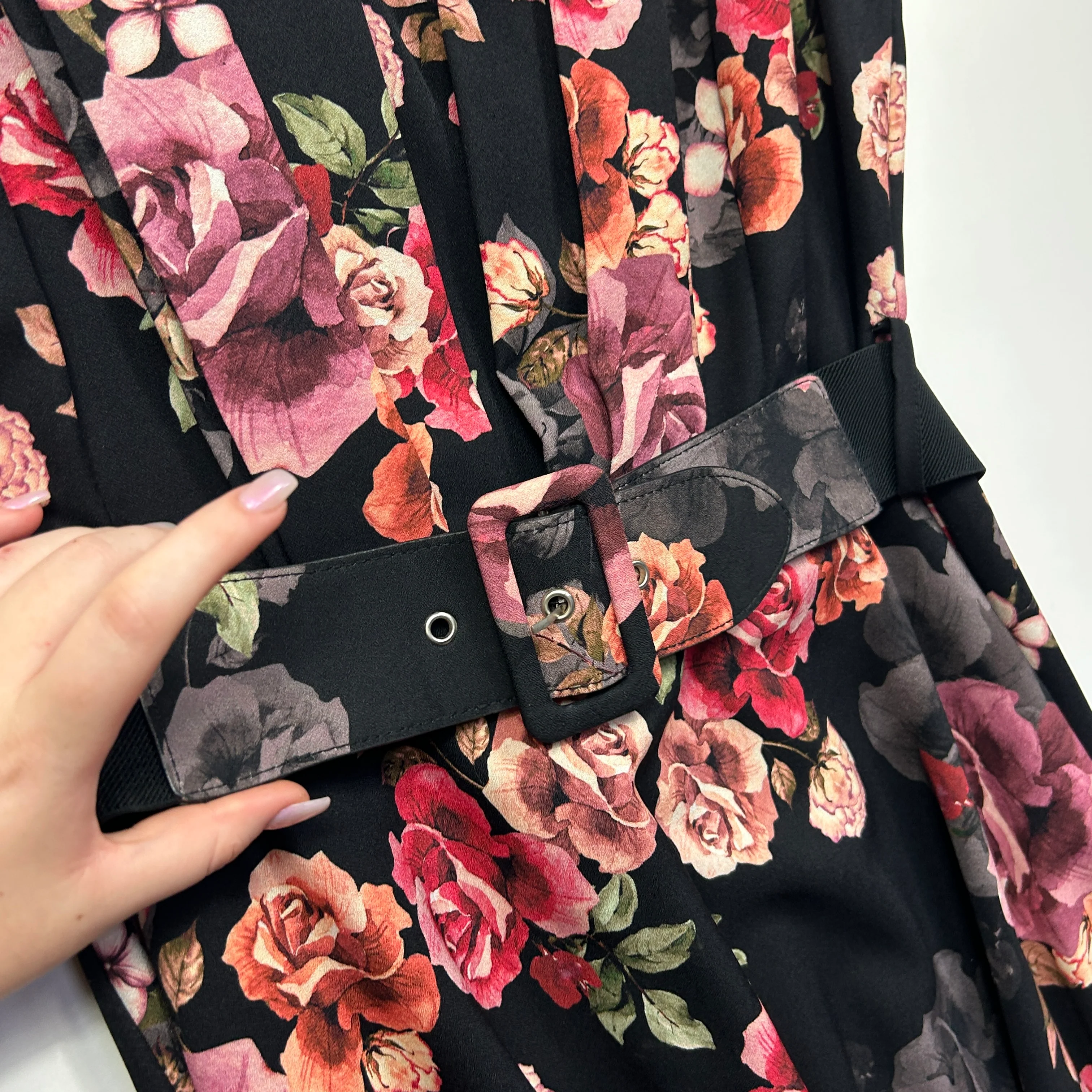 City Chic Black Floral Print Belted Fit & Flare Dress - Size 20/L - Image 4