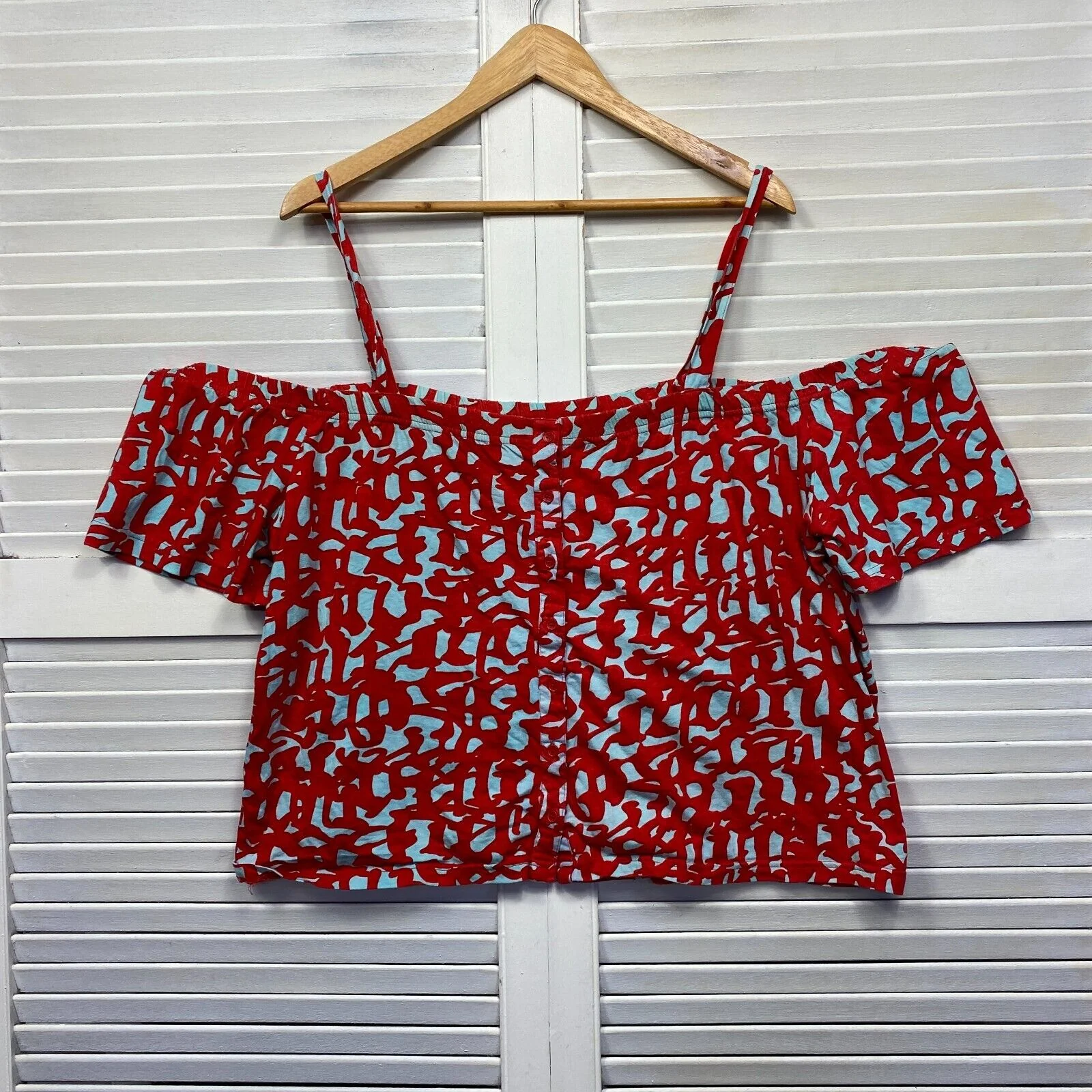 Cotton Diva Top Size XL Red Blue Off the Shoulder 100% Cotton Boho - Image 2