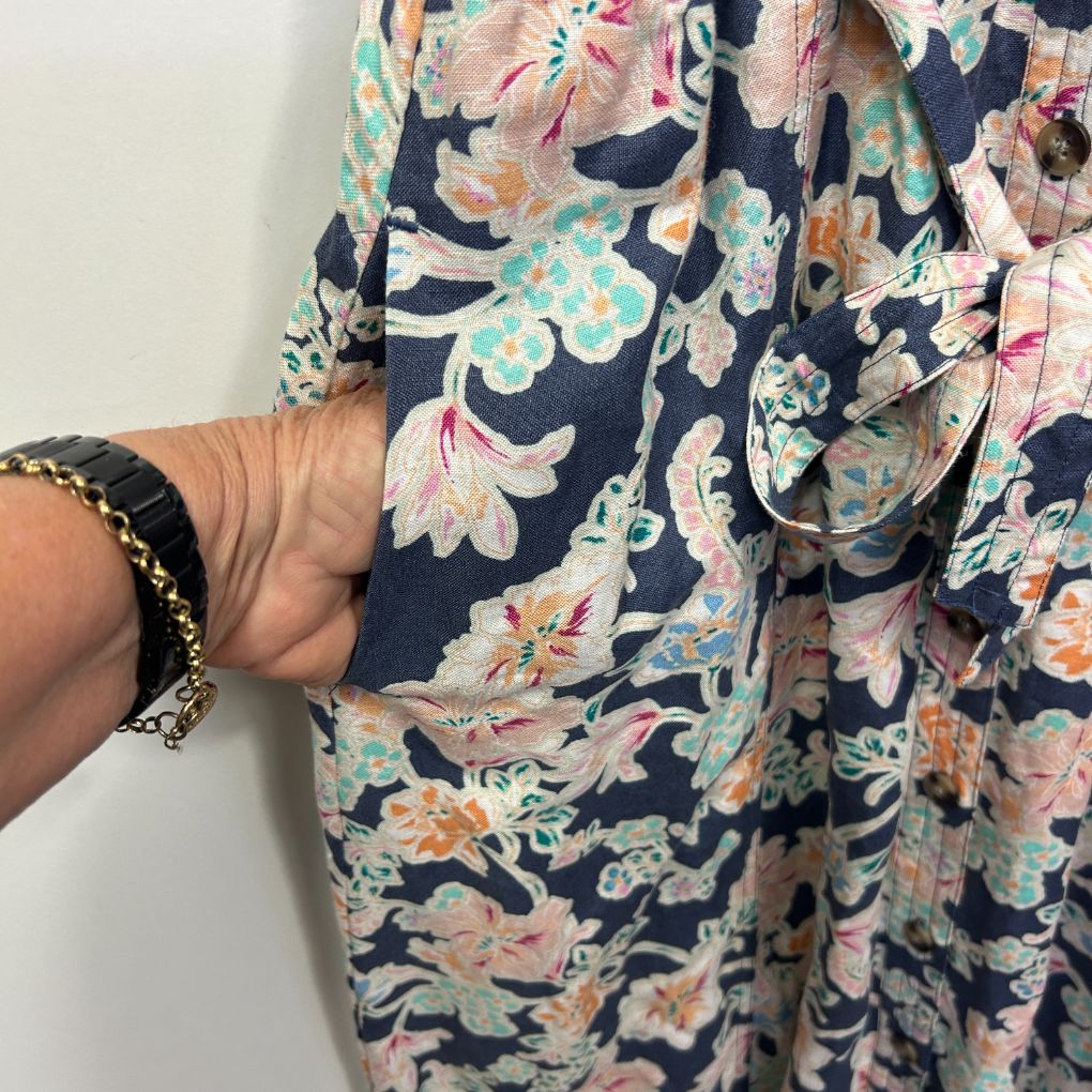 Dannii Minogue Navy Linen Floral Maxi Dress - Size 16P - Image 4