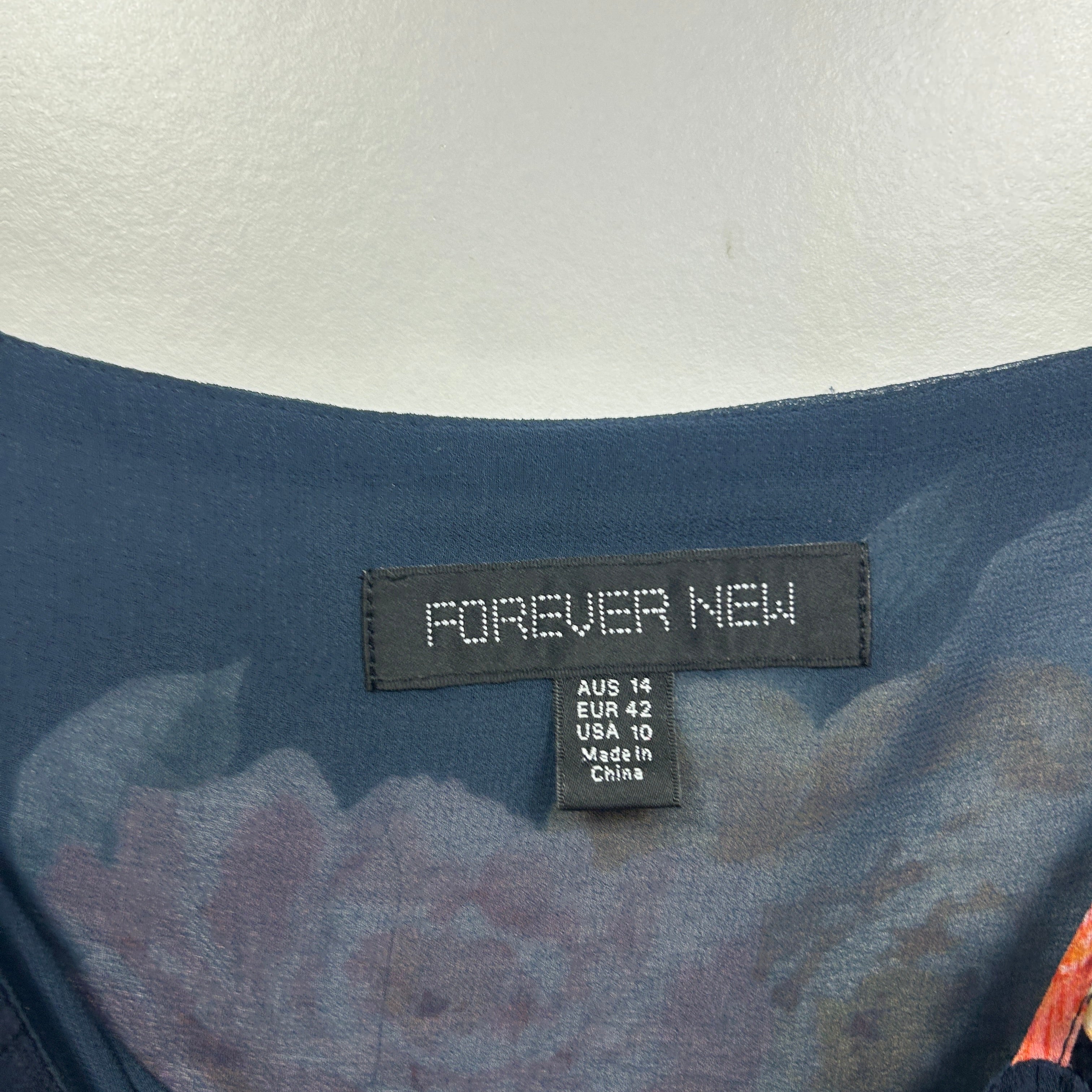 Forever New Navy Floral Cold Shoulder Top with Ruffle Sleeves - Size 14 - Image 2