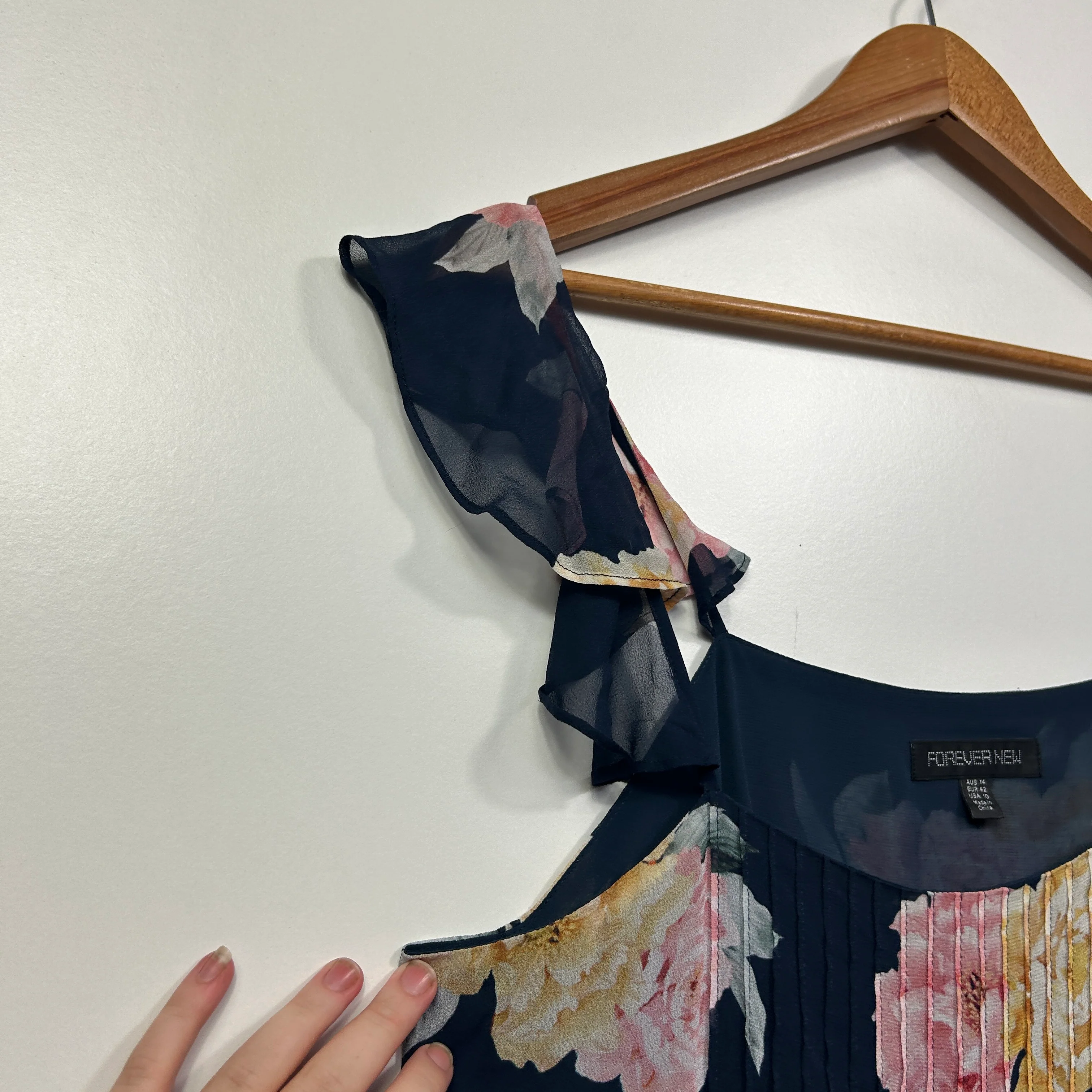 Forever New Navy Floral Cold Shoulder Top with Ruffle Sleeves - Size 14 - Image 4