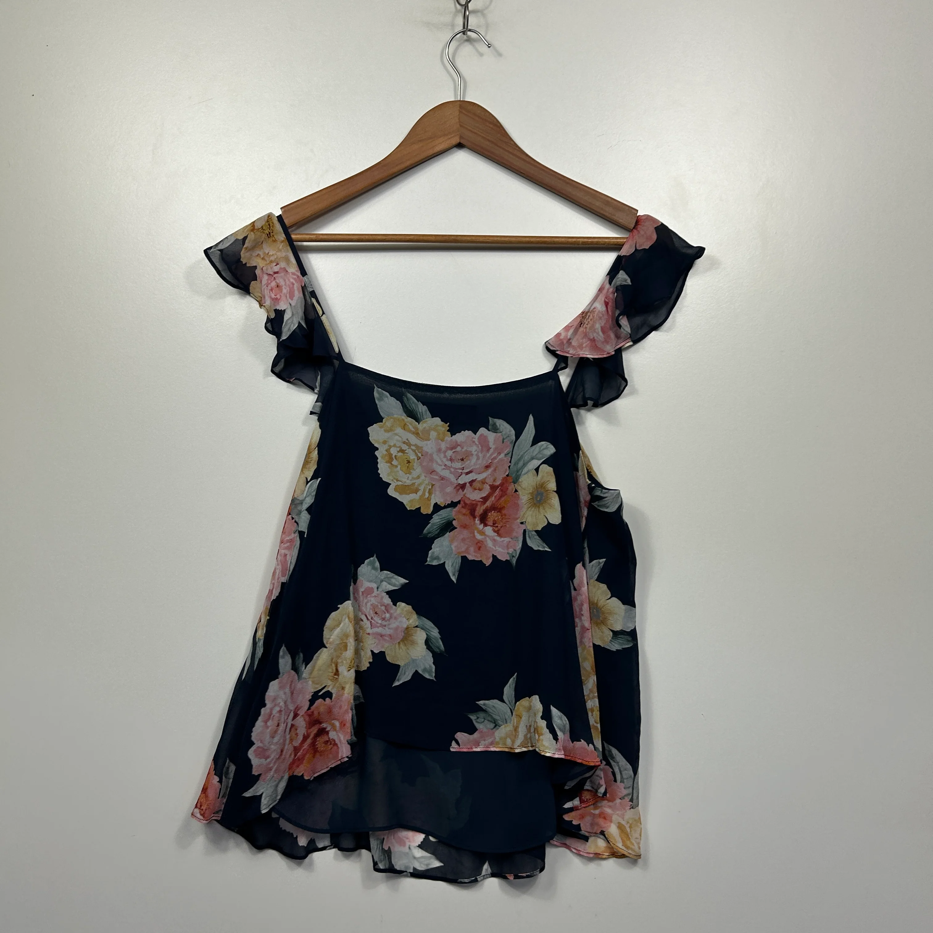 Forever New Navy Floral Cold Shoulder Top with Ruffle Sleeves - Size 14 - Image 5