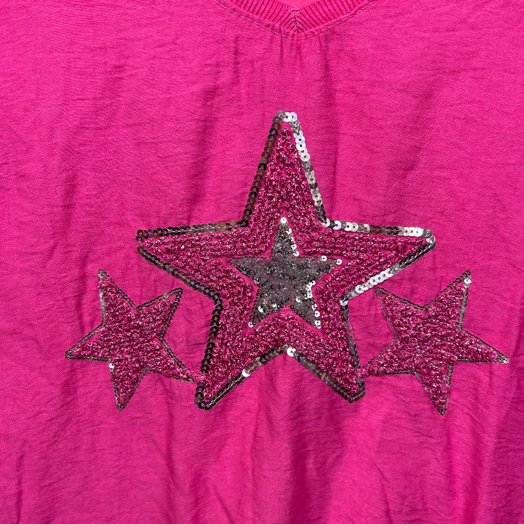 Pink Sequin Star V-Neck Short Sleeve Top - Size 14/16 - Image 3