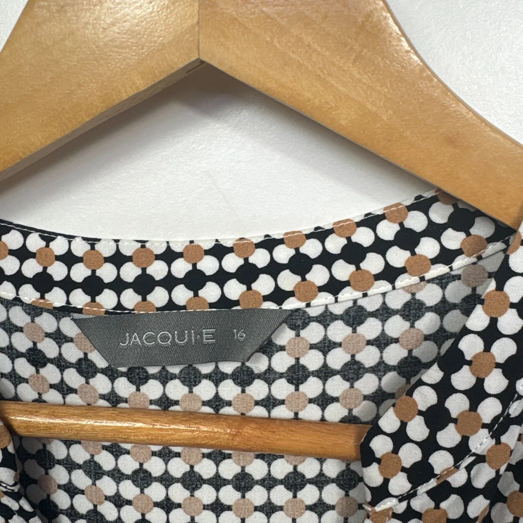 Jacqui E Black and Tan Geometric Dot V-Neck Dress - Size 16 - Image 3