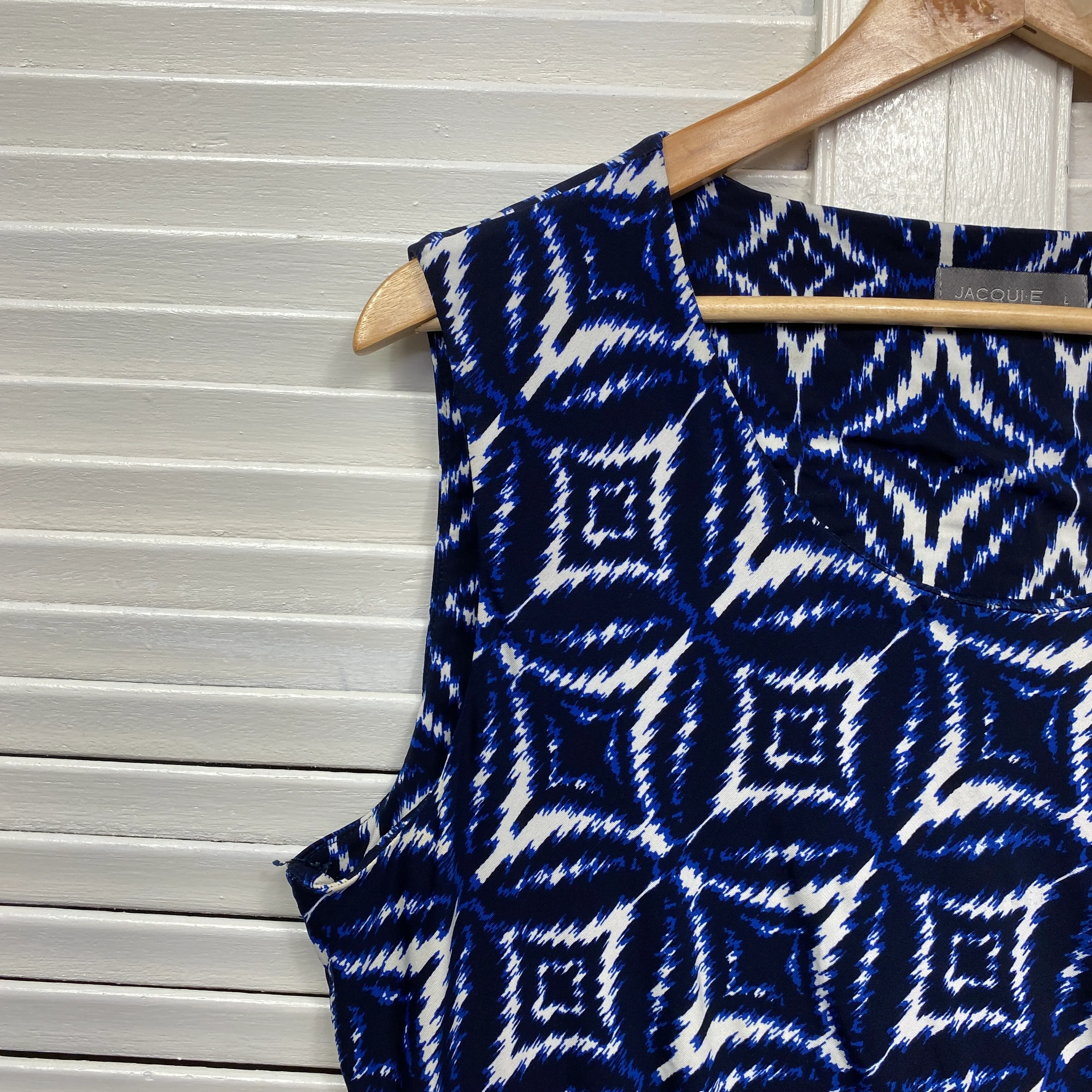 Jacqui E Dress Size 14 Large Sleeveless Blue White - Image 3