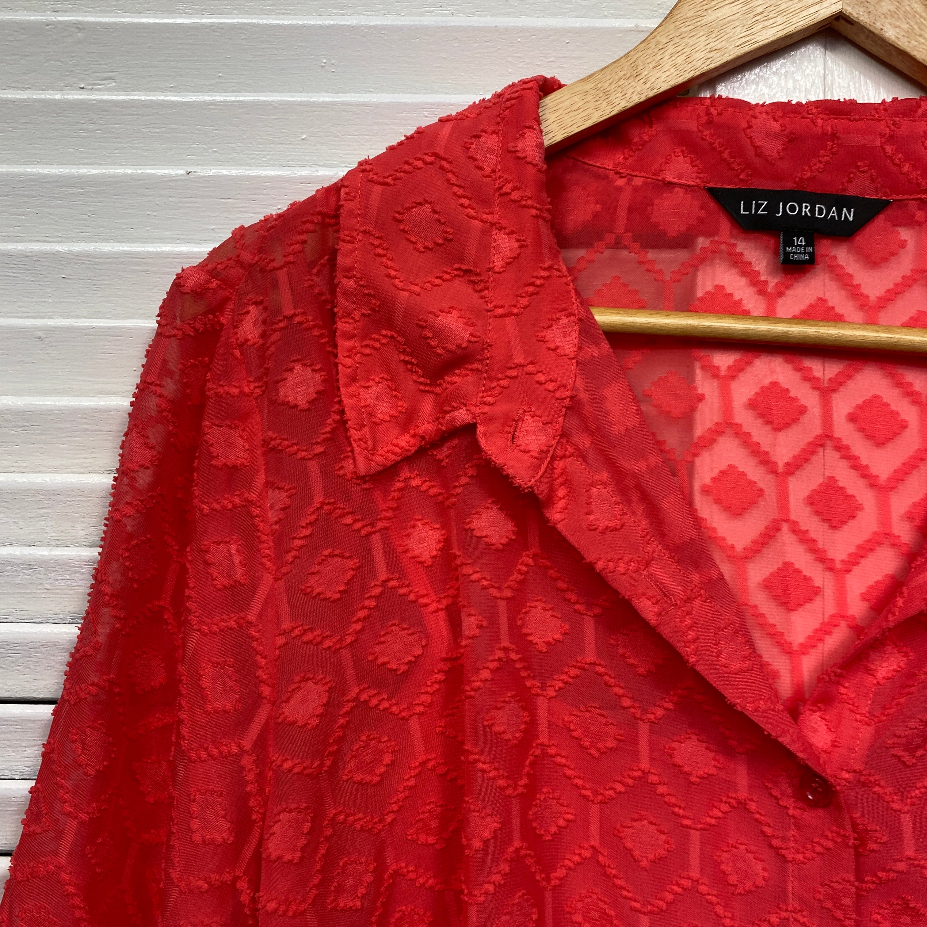Liz Jordan Top Size 14 Red Button Up Long Sleeve Sheer - Image 3