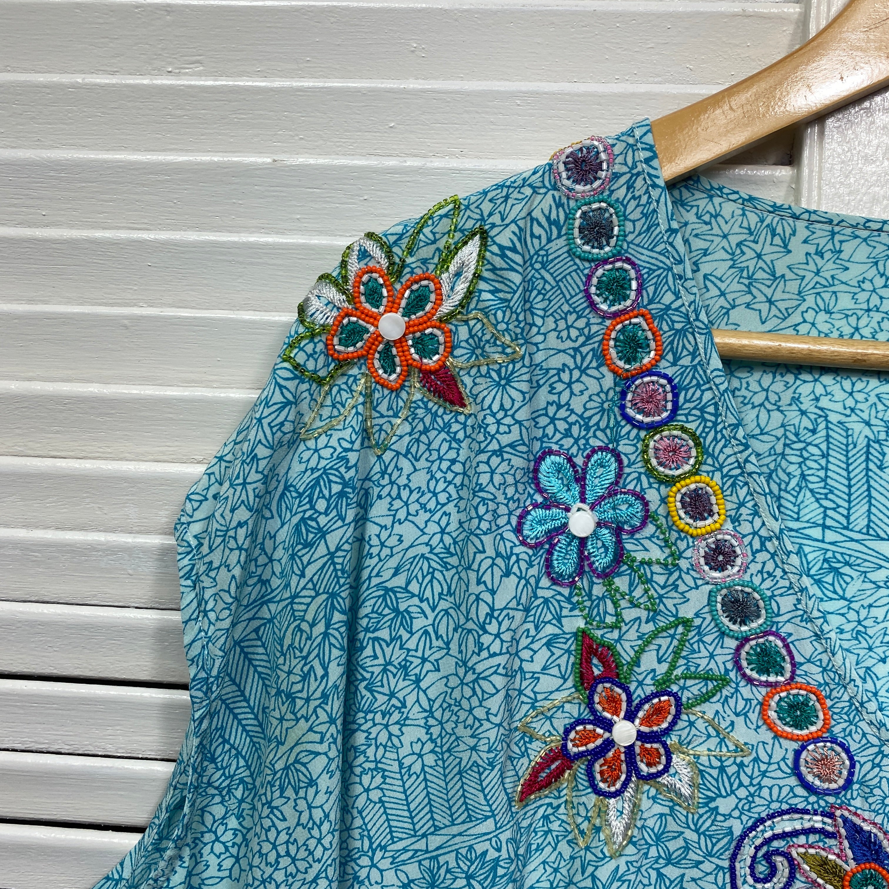 Megan Park Kaftan Dress 100% Silk Blue Embroidered Size 3 (AU 12 - 14) - Image 3