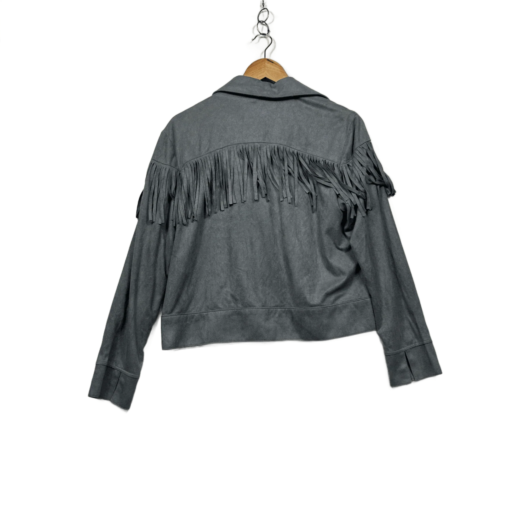 MINKPINK Faux Suede Fringe Grey Western Boho Cropped Jacket Size Large - Image 2