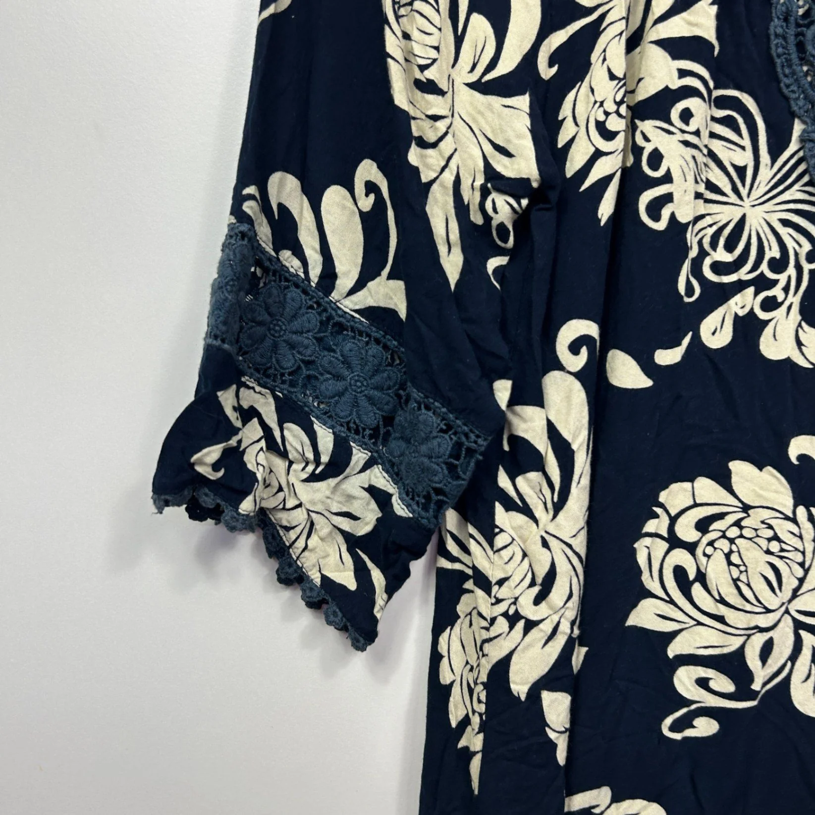 Navy Floral Rayon Long Sleeve Short Length Tunic Dress Size 14 Large - Image 3