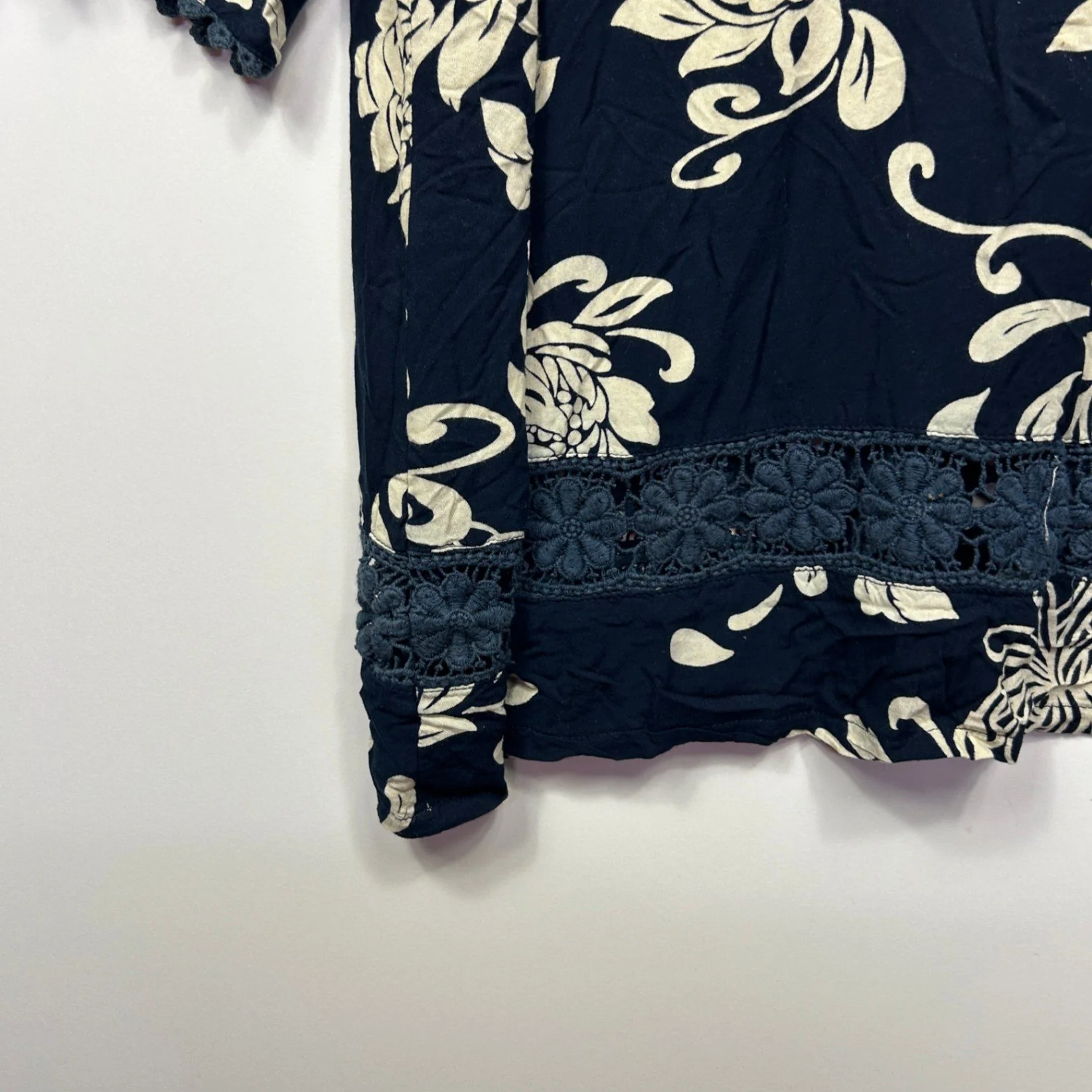 Navy Floral Rayon Long Sleeve Short Length Tunic Dress Size 14 Large - Image 5