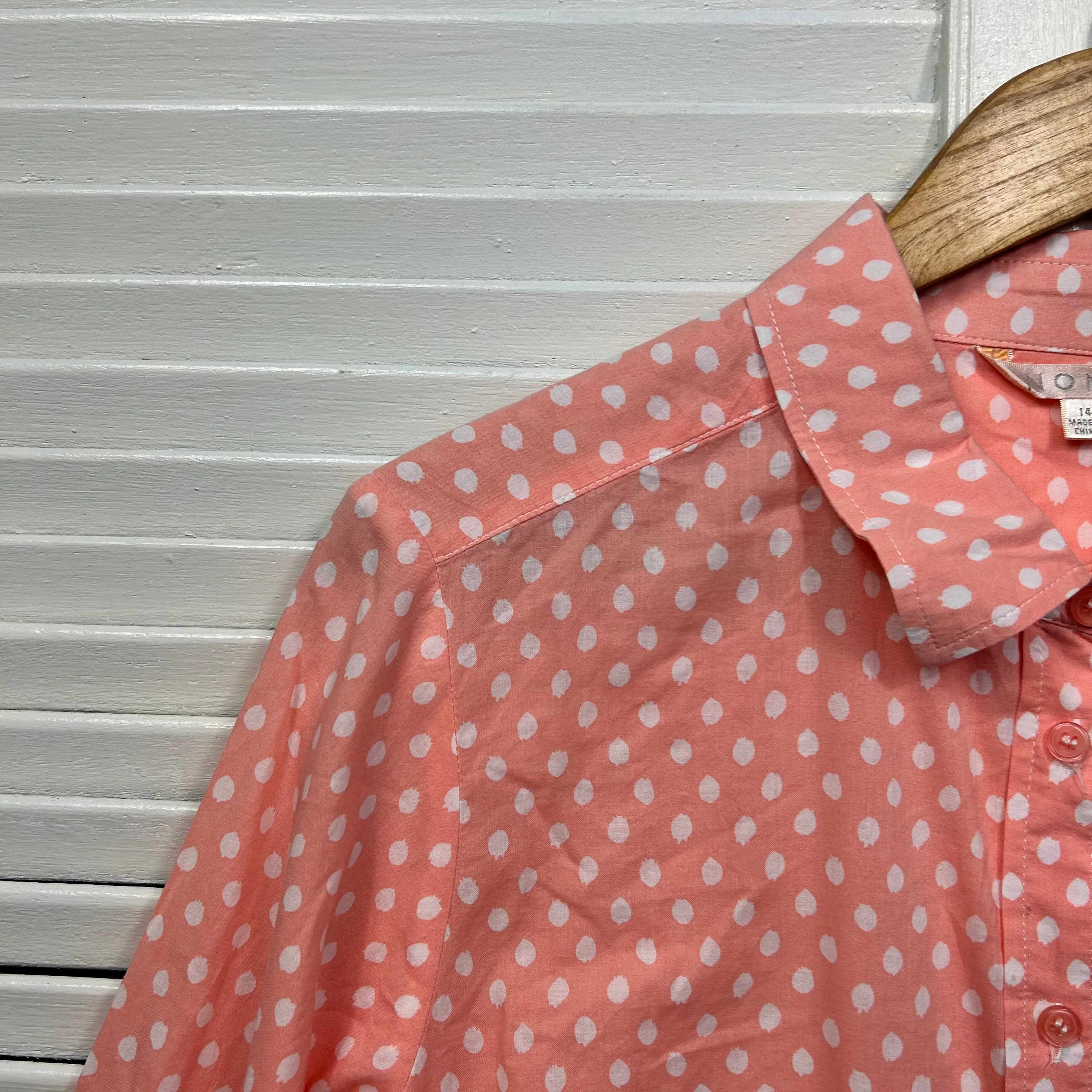 Noni B Top Size 14 Peach Polka Dots Button Up 100% Cotton - Image 3