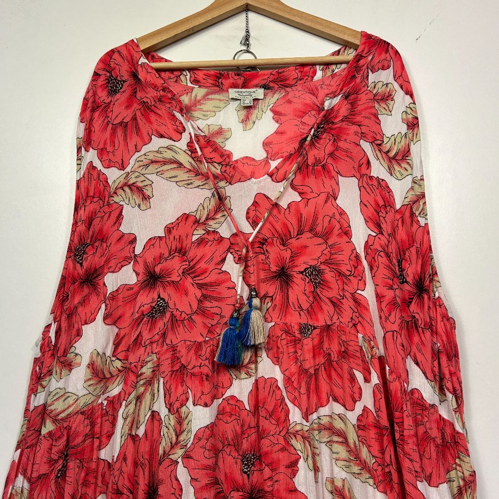 Orientique Red Floral Maxi Tiered Dress - Size 24 - Image 3