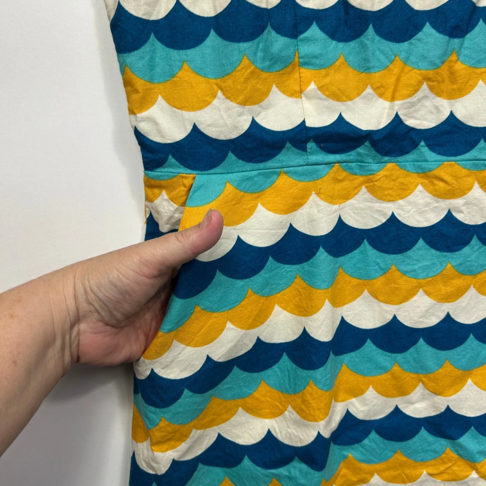 Revival Teal Mustard Blue Scallop Print Sleeveless Cotton Retro Dress Size 16 - Image 3