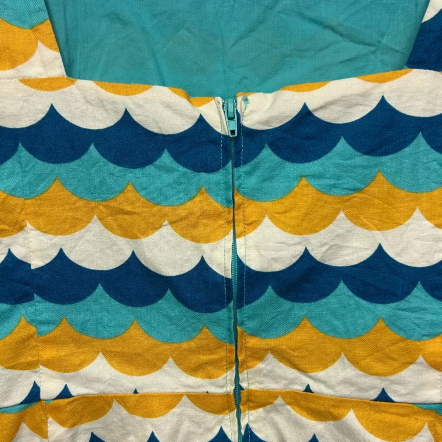 Revival Teal Mustard Blue Scallop Print Sleeveless Cotton Retro Dress Size 16 - Image 4