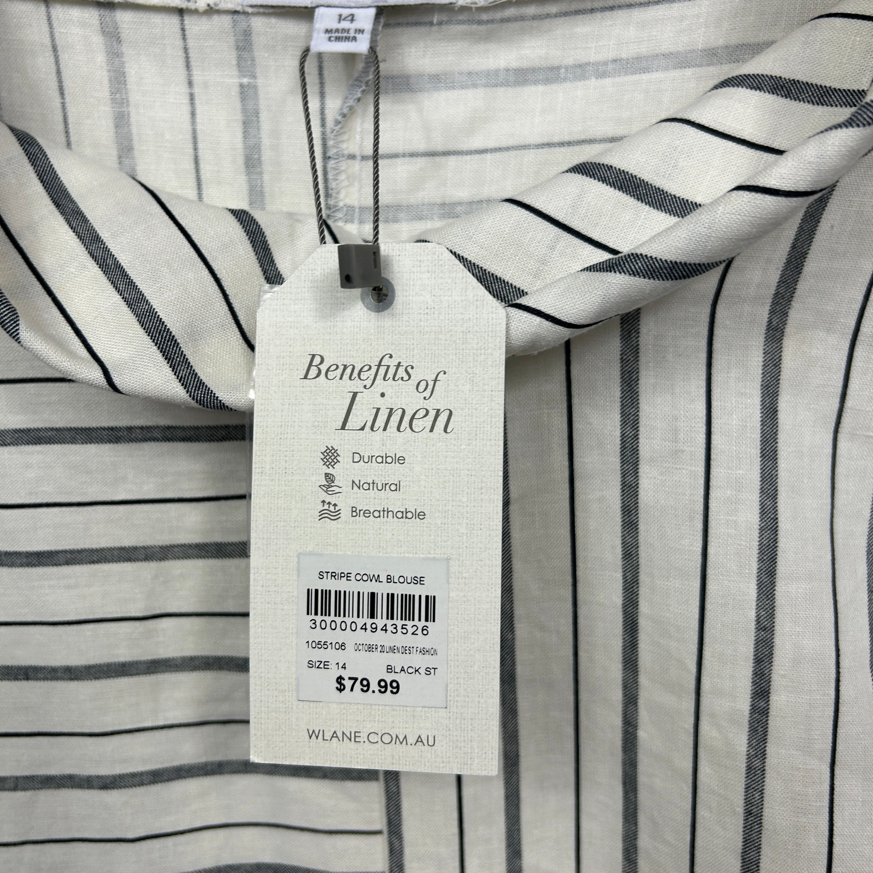 W Lane Striped Linen Cowl Neck Top - Size 14 - Image 4