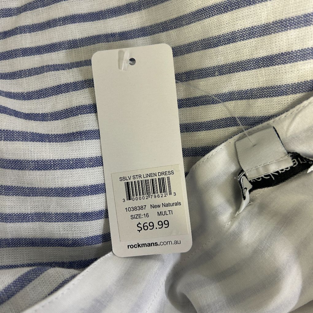 Rockmans Blue Linen Striped Off the Shoulder Dress - Size 16 - Image 3