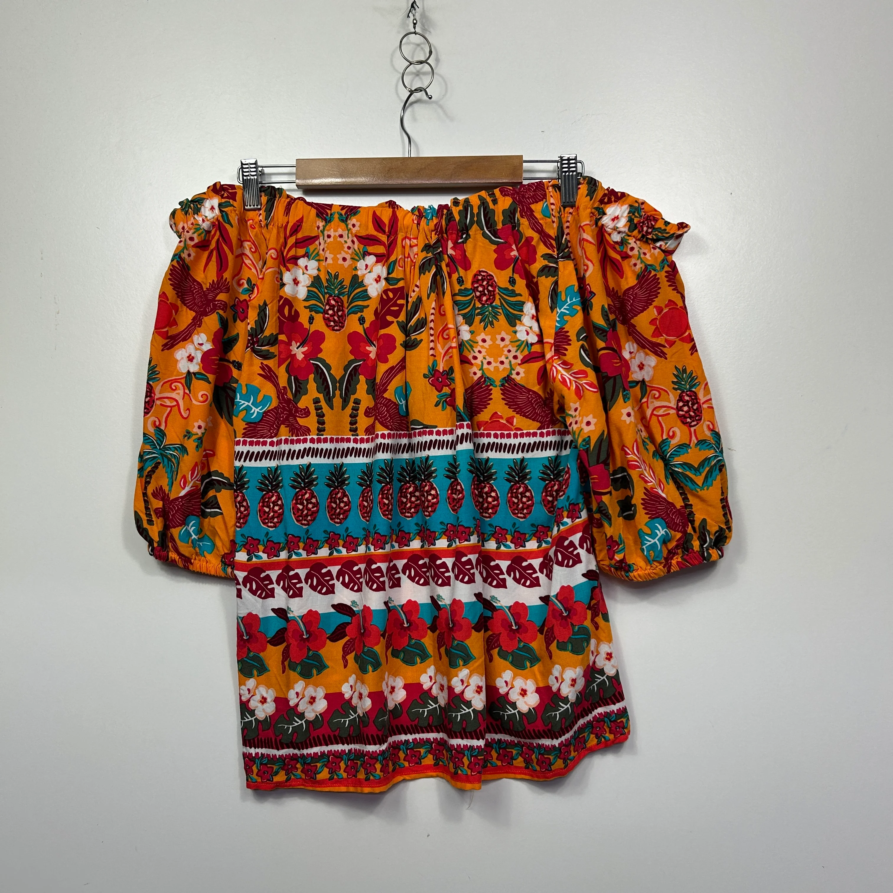Rockmans Orange Floral Print Off The Shoulder Top - Size 14 - Image 3