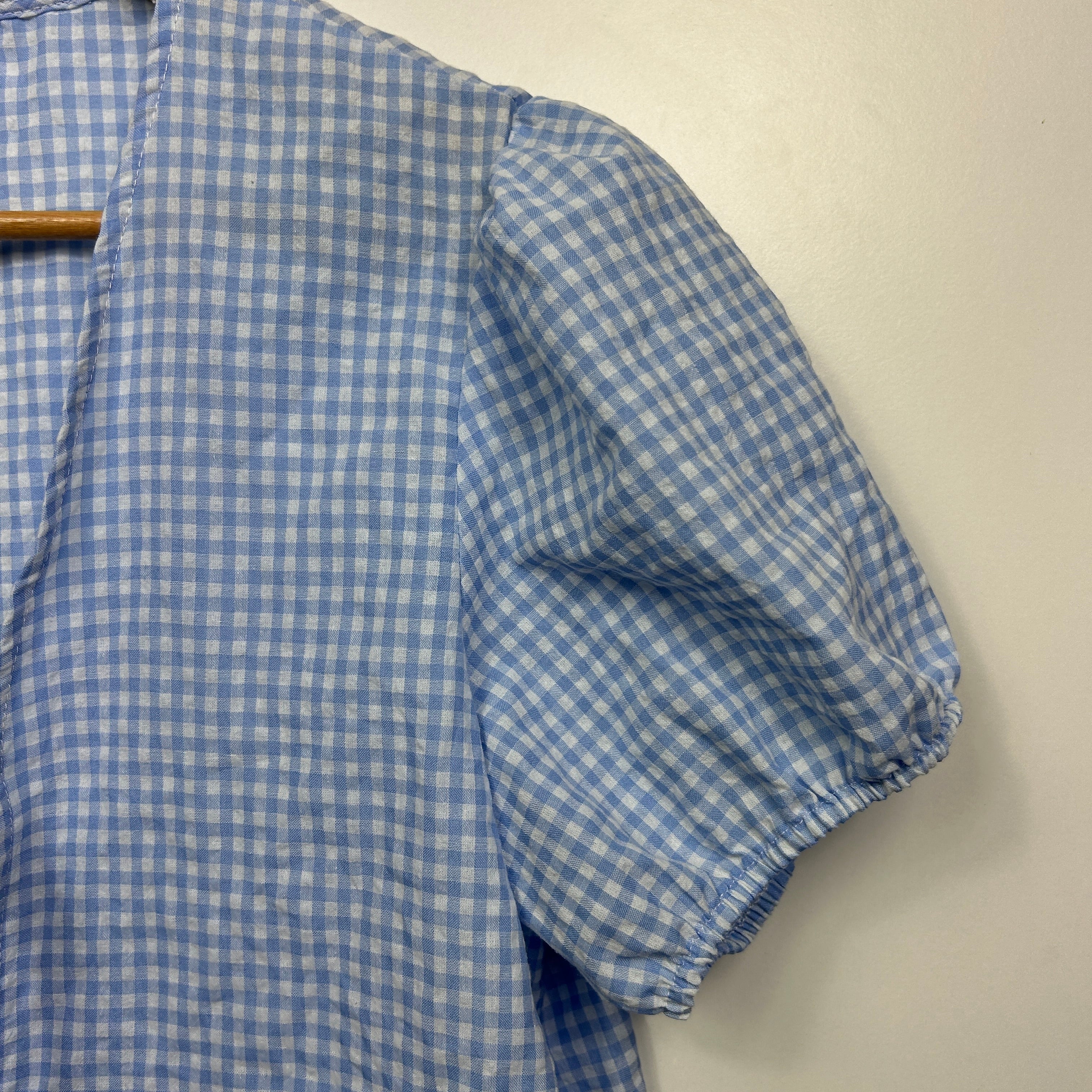 Shein Blue Gingham Check Short Sleeve V-Neck Casual Top Tie Front Blouse Size XL - Image 2
