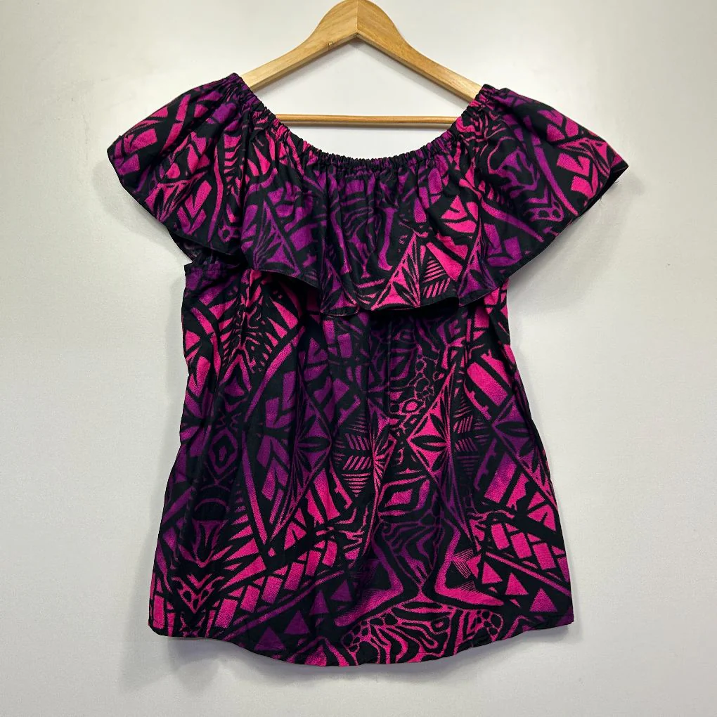 Sialei Pink Black Tribal Print Ruffle Top - Size 22 - Image 4