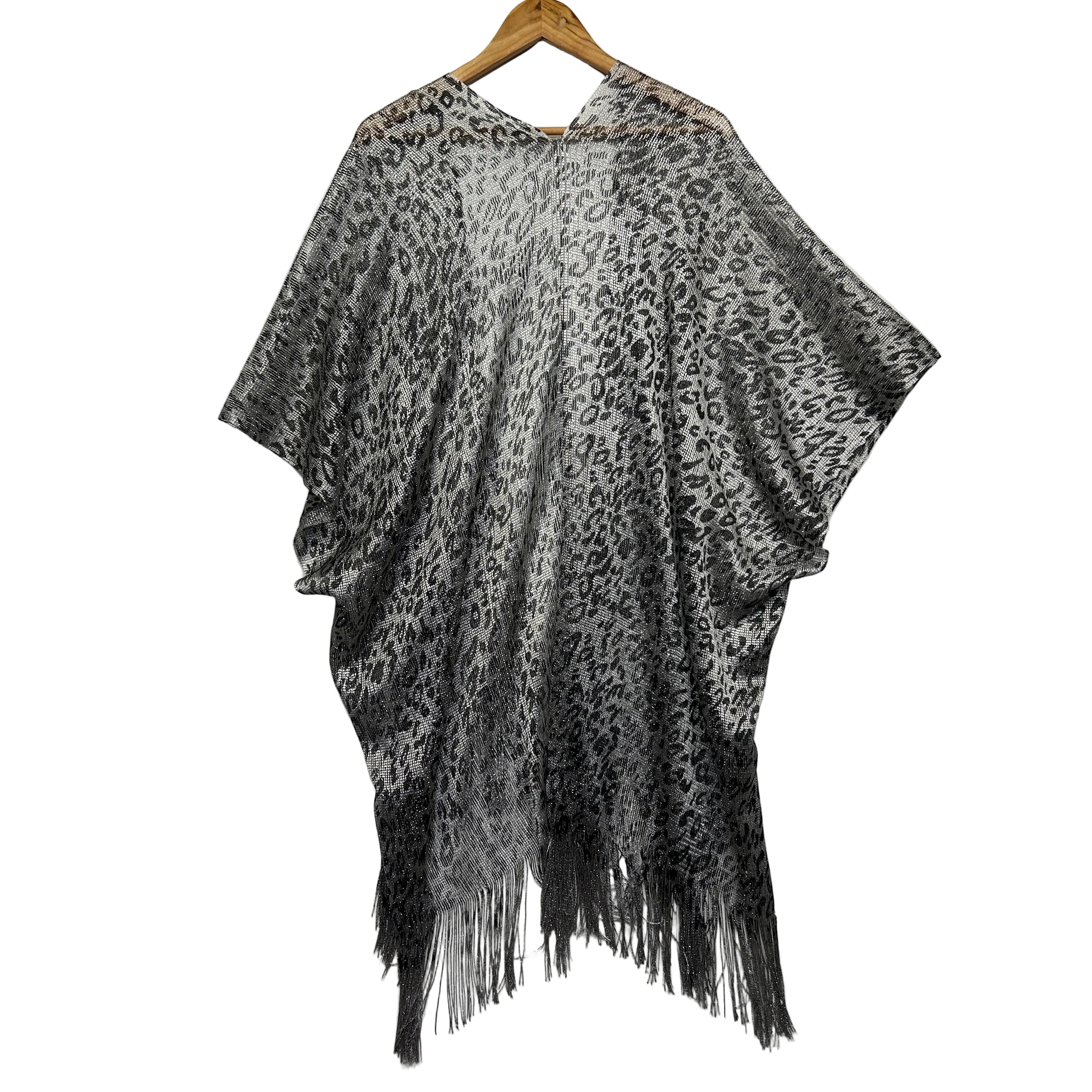 Metallic Leopard Print Kimono with Fringe -  One Size - Image 2