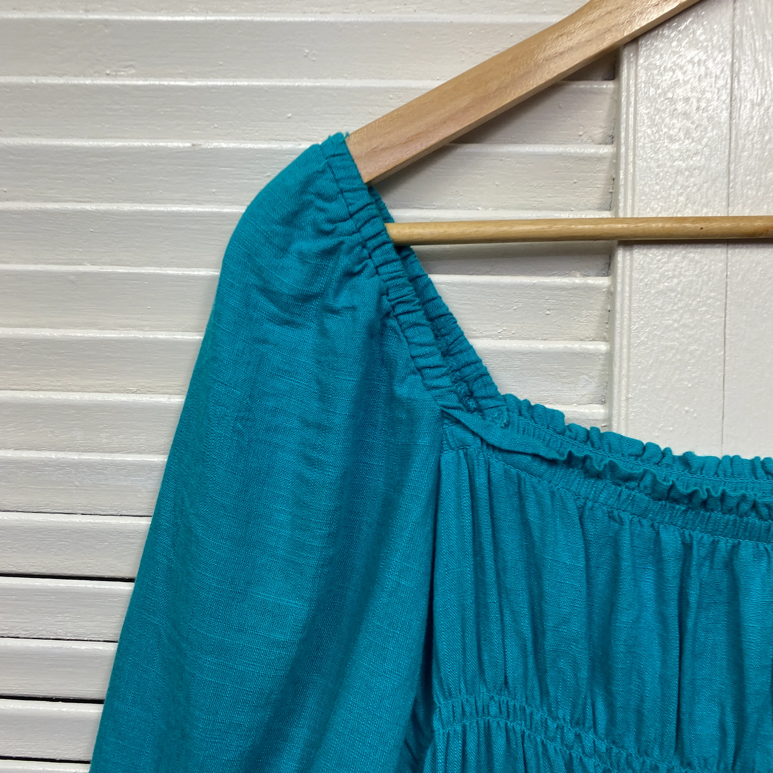 Linen Top Size 14 16 Blue Short Sleeve Ruched - Image 3
