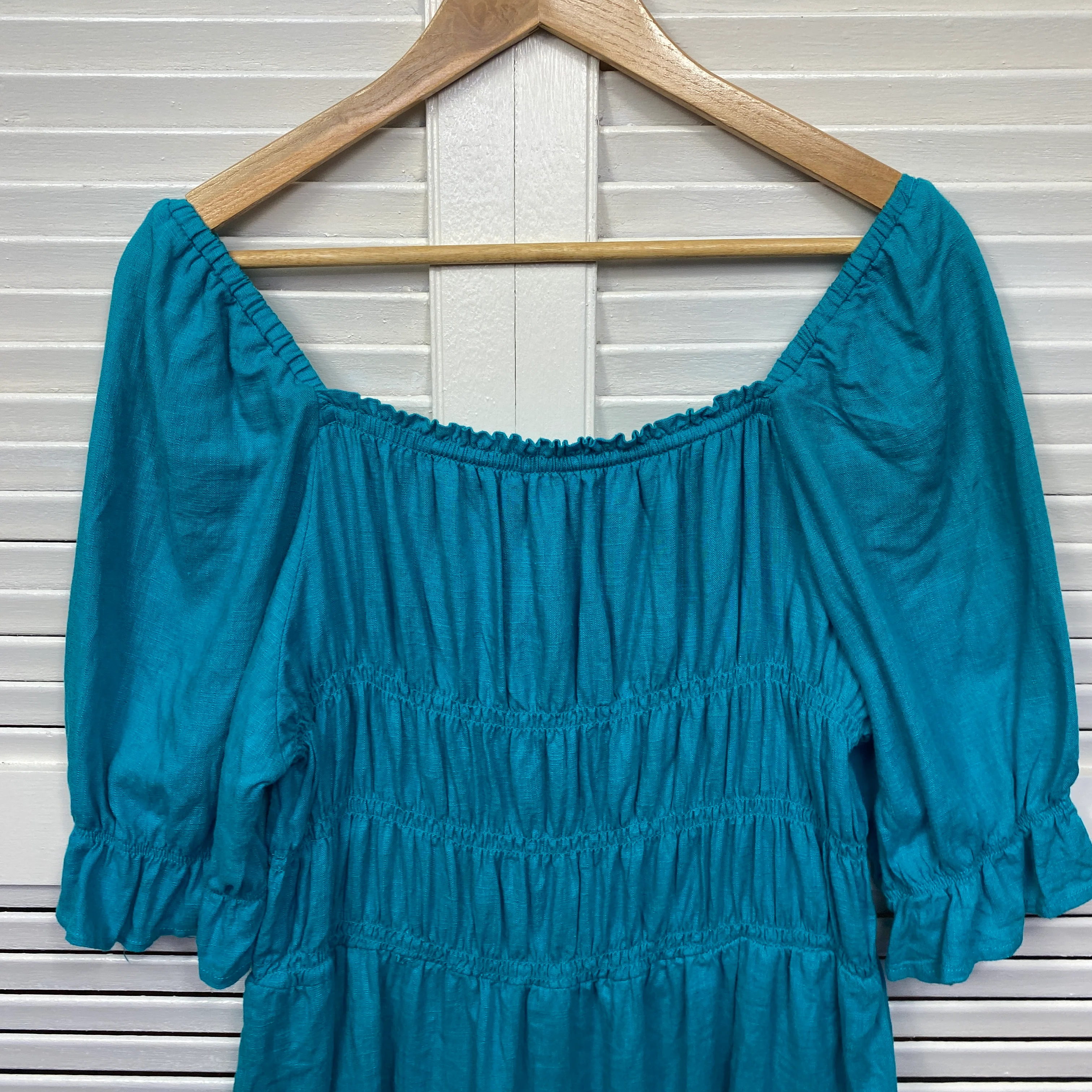 Linen Top Size 14 16 Blue Short Sleeve Ruched - Image 6