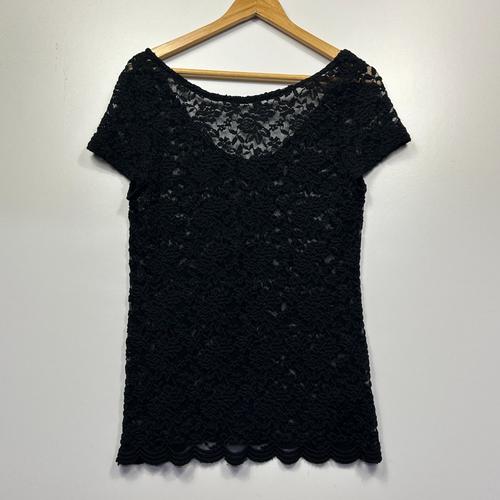 Black Lace Scallop Hem Sheer Top - Size 14 - Image 2
