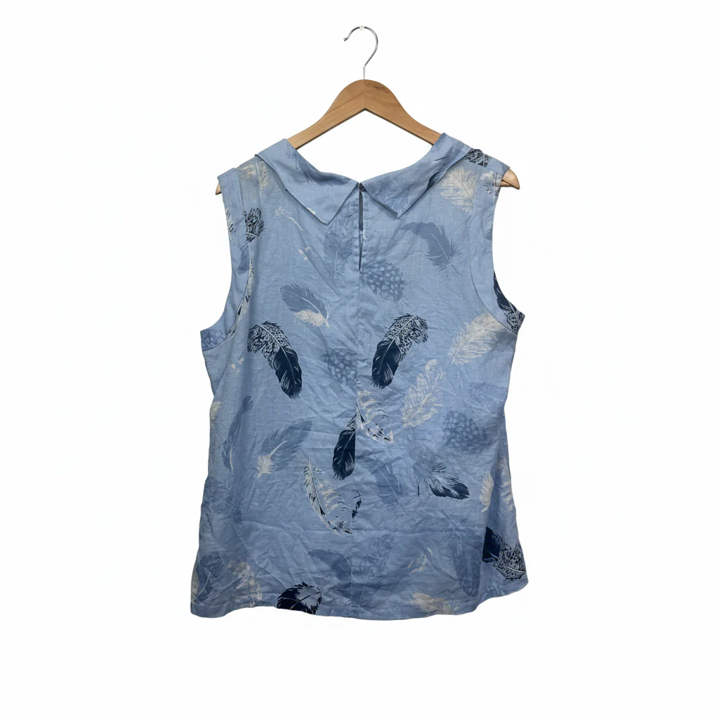W Lane Blue Feather Print Linen Top - Size 16 - Image 2