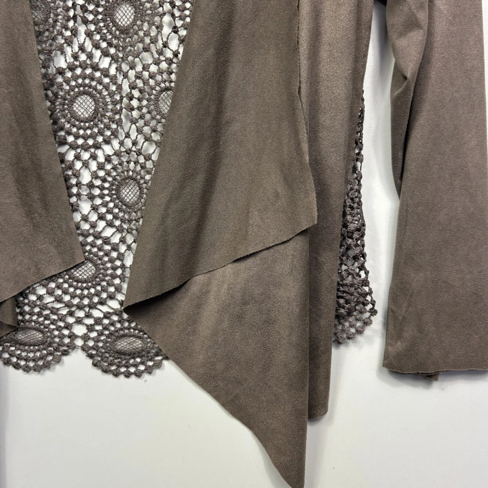 Brown Long Sleeve Open Front Crochet Back Waterfall Top - One Size - Image 4