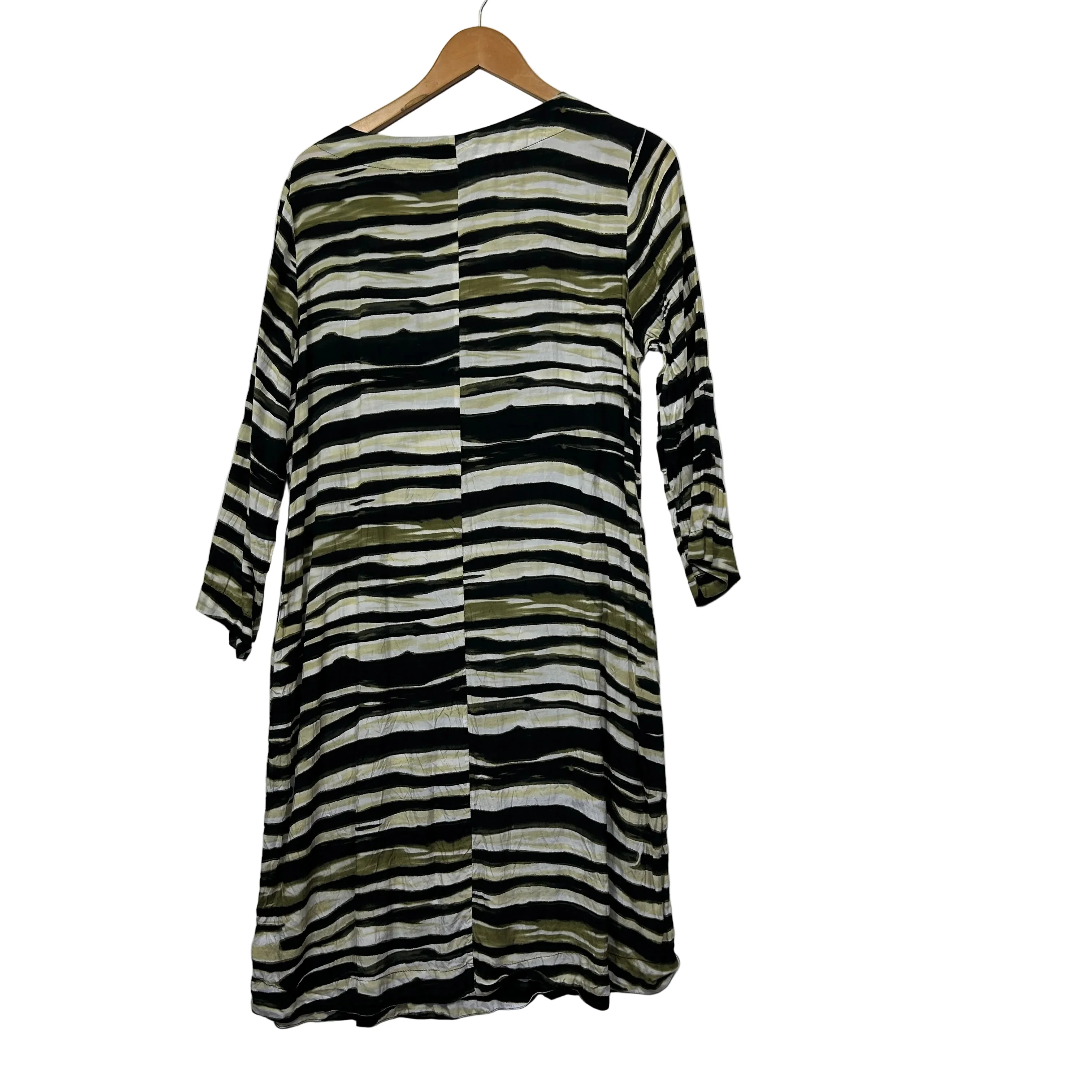 Yarra Trail Black Cream Olive Green Stripe Print Dress - Size 16 - Image 2