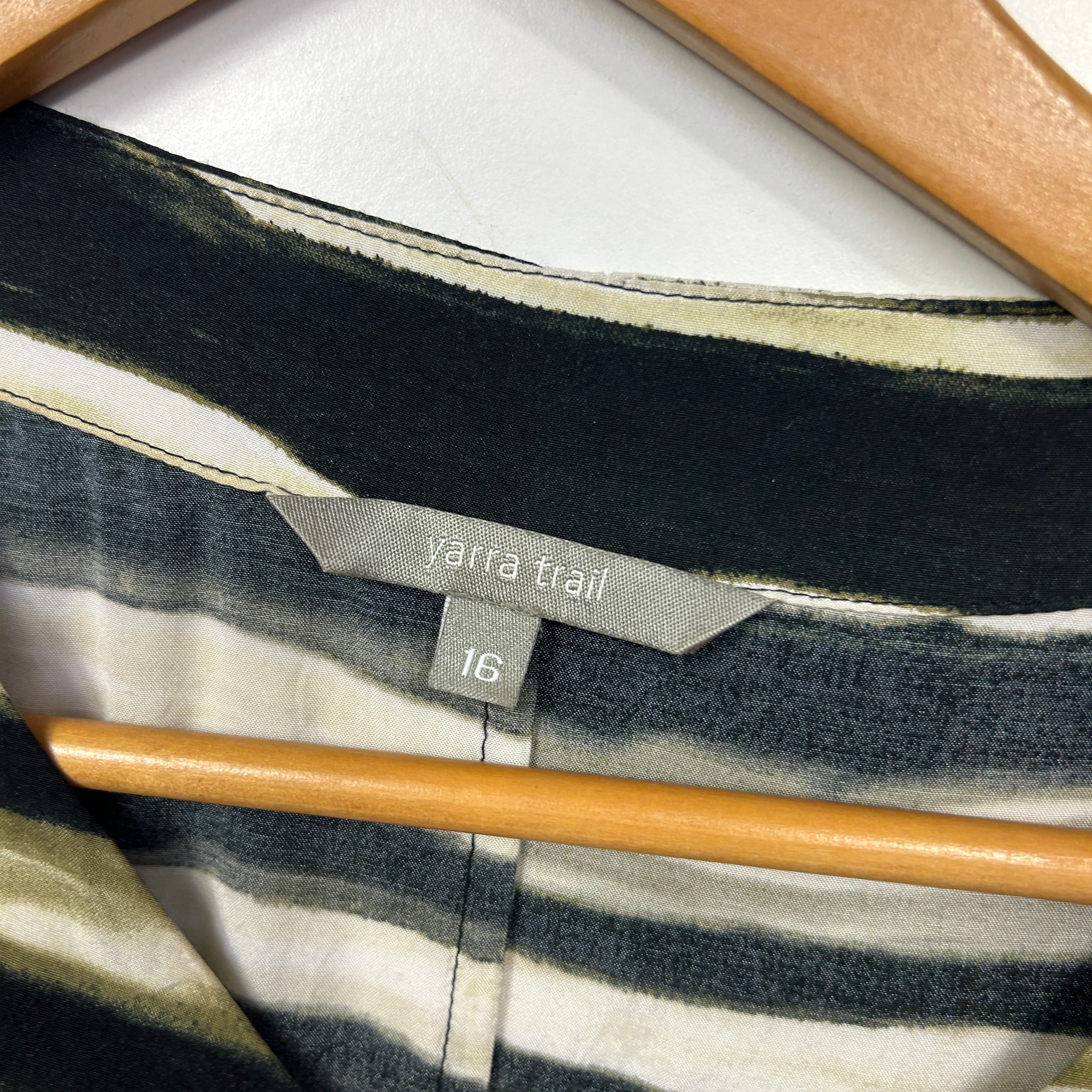 Yarra Trail Black Cream Olive Green Stripe Print Dress - Size 16 - Image 3