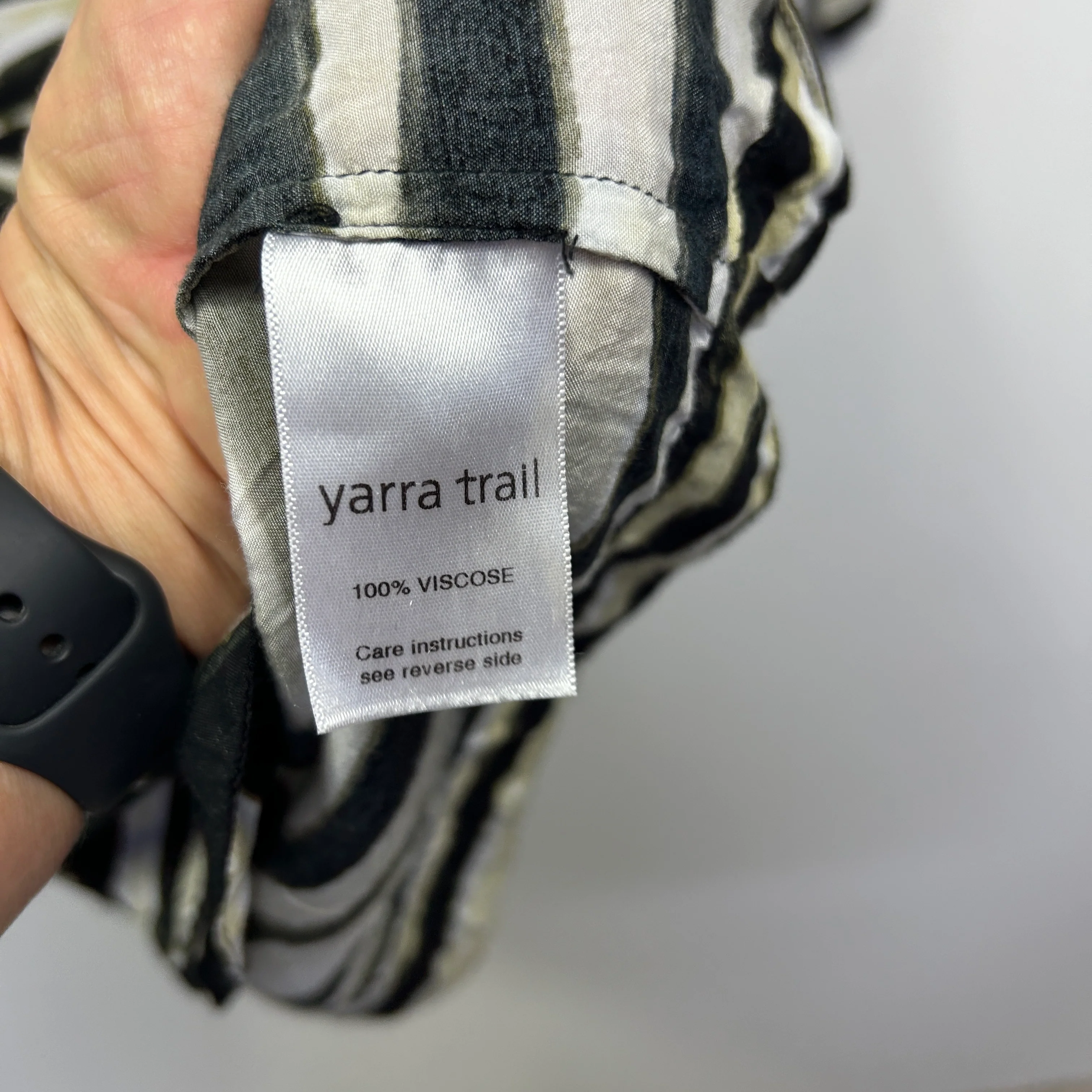 Yarra Trail Black Cream Olive Green Stripe Print Dress - Size 16 - Image 4