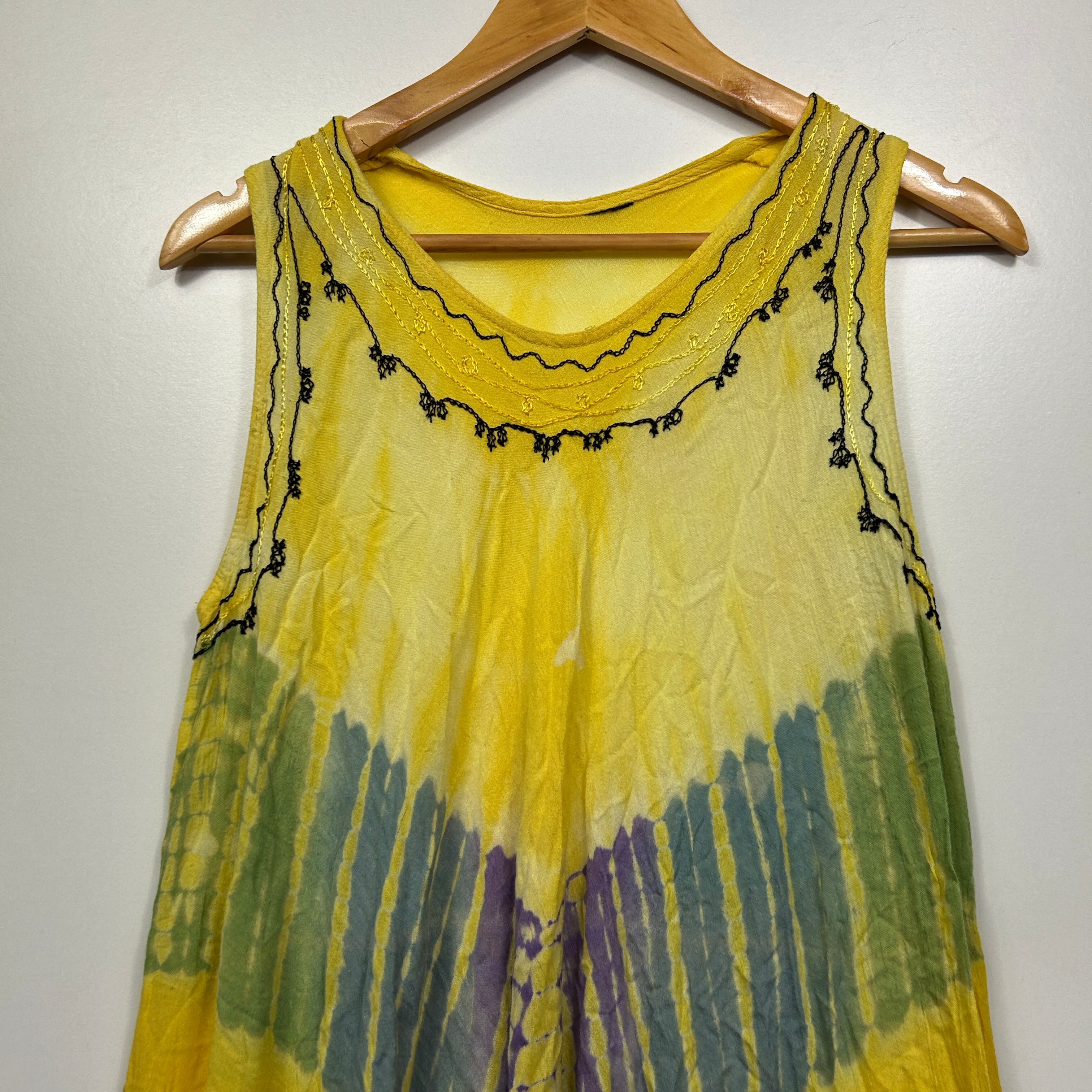 Yellow Tie-Dye Sleeveless Dress with Embroidered Detail - One Size - Image 2